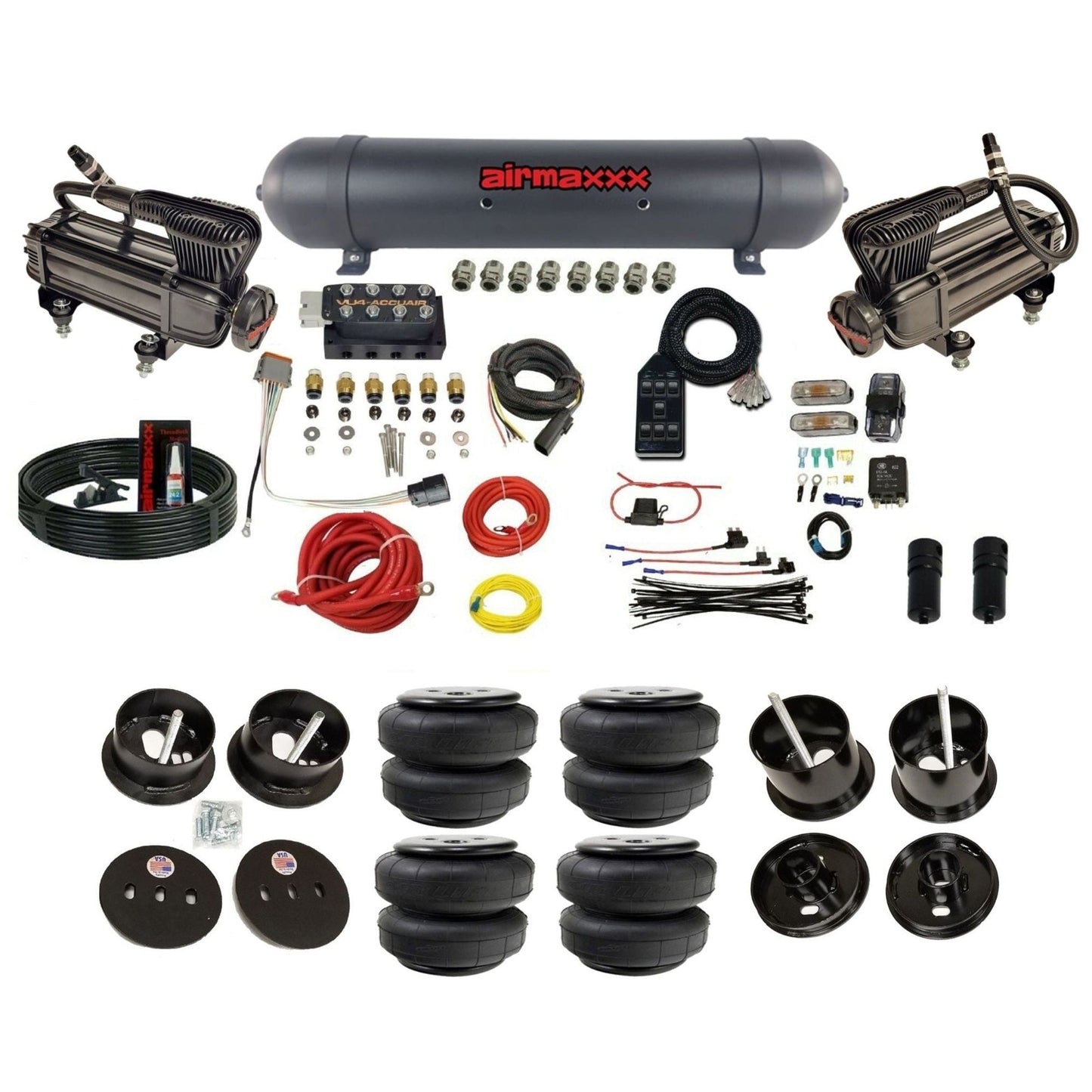 accuair vu4 with black x-series compressors aluminum tank airlift bags air ride kit for 1961-1962 cadillac K-CAD6162-XB2-57ABK-VU4-7BK-WK-HFD25