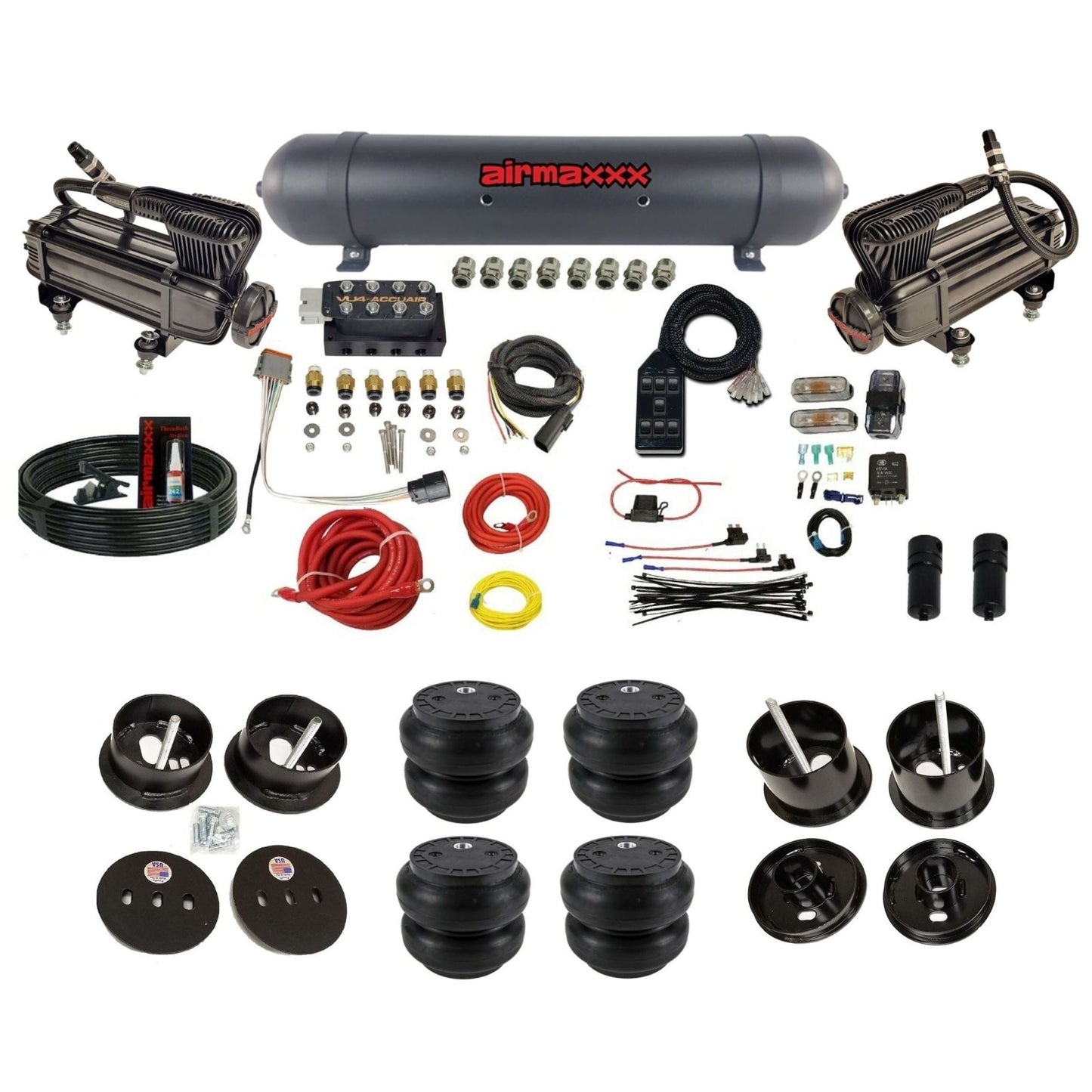 accuair vu4 with black x-series compressors aluminum tank slam bags air ride kit for 1961-1962 cadillac K-CAD6162-XB2-57ABK-VU4-7BK-WK-HFSS7