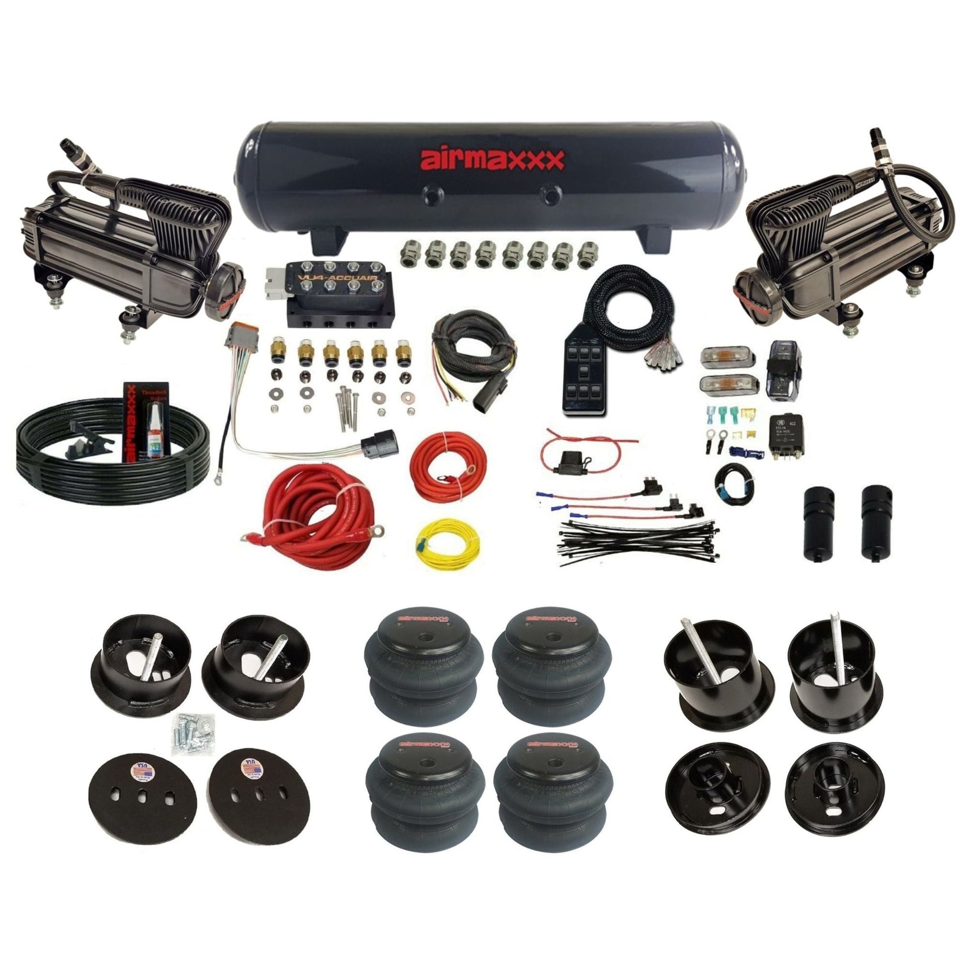 accuair vu4 with black x-series compressors steel tank 2600 bags air ride kit for 1961-1962 cadillac K-CAD6162-XB2-57S-VU4-7BK-WK-HF