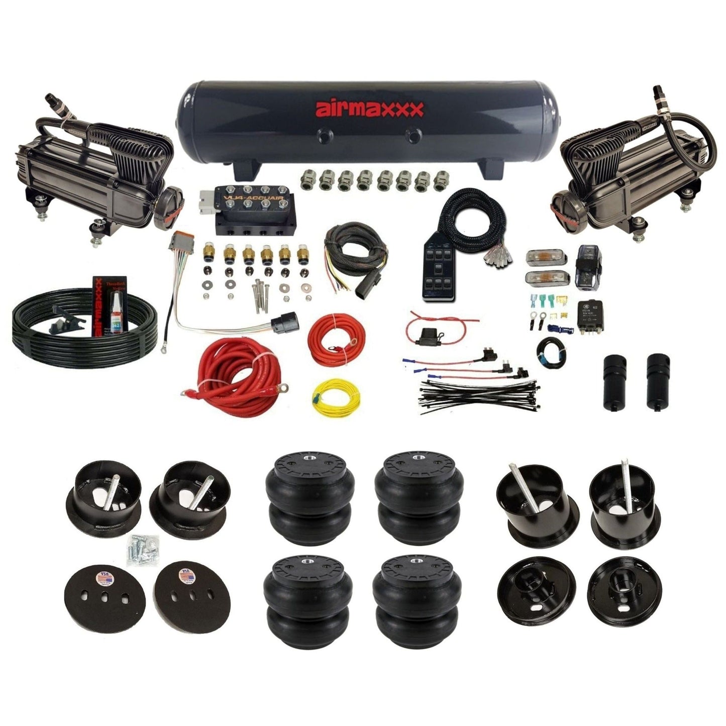 accuair vu4 with black x-series compressors steel tank slam bags air ride kit for 1961-1962 cadillac K-CAD6162-XB2-57S-VU4-7BK-WK-HFSS7