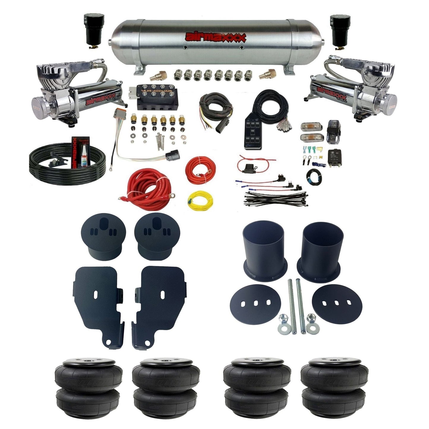 accuair vu4 with chrome 580 compressors raw aluminum tanks & airlift bags air ride kit for 1965-1970 chevy impala KIMP65-580C2-57ARW-VU4-7BK-WK-HFD25