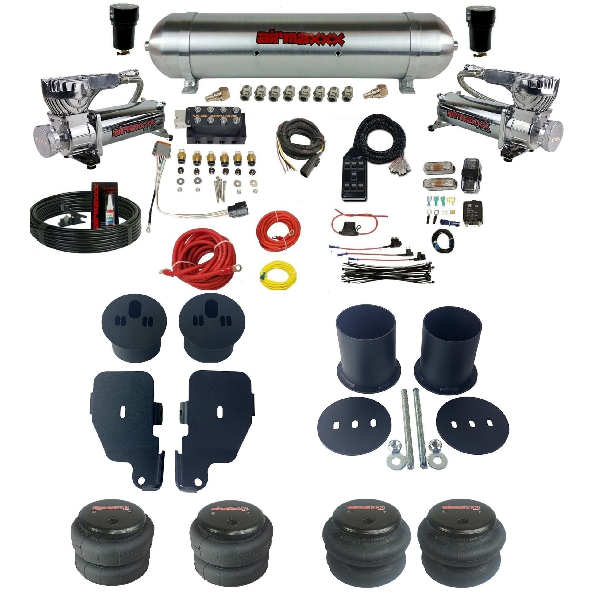 accuair vu4 with chrome 580 compressors raw aluminum tanks & bags air ride kit for 1965-1970 chevy impala KIMP65-580C2-57ARW-VU4-7BK-WK-HF