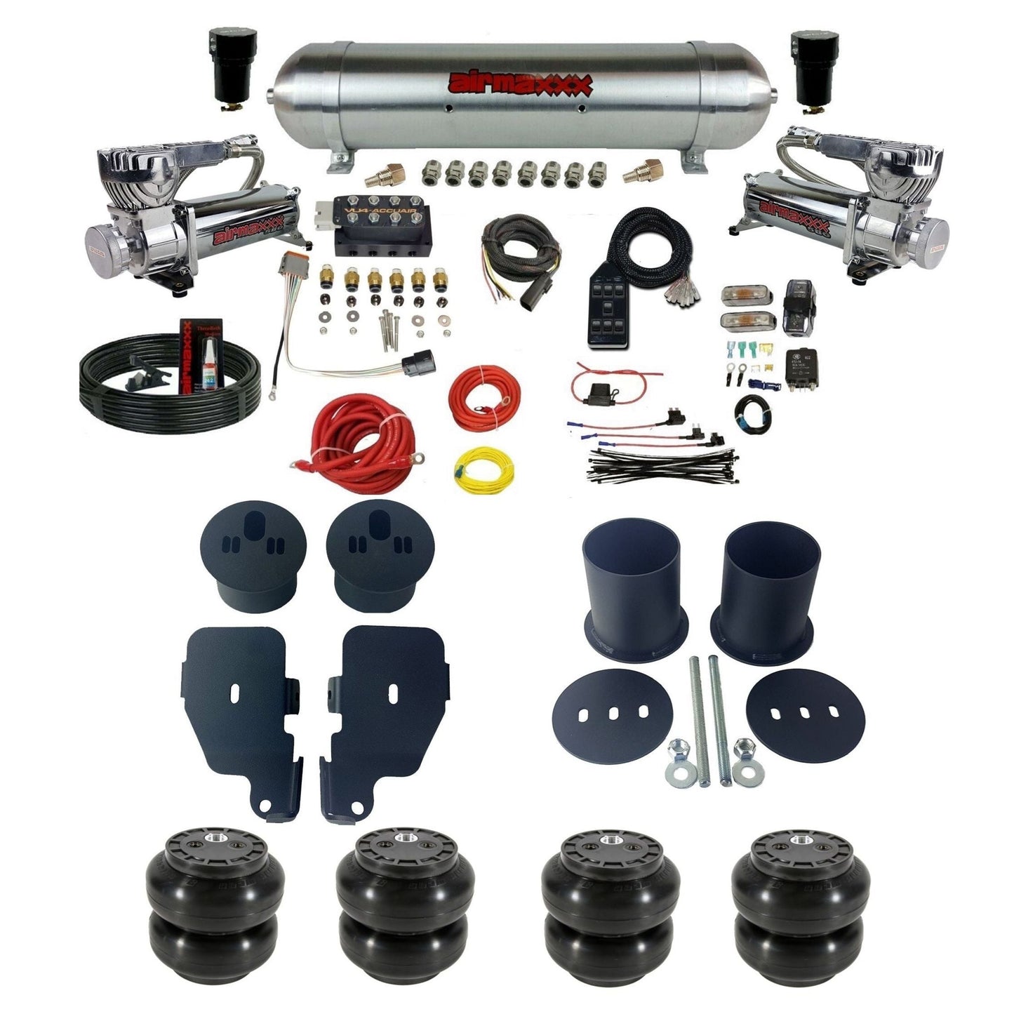accuair vu4 with chrome 580 compressors raw aluminum tanks & slam bags air ride kit for 1965-1970 chevy impala KIMP65-580C2-57ARW-VU4-7BK-WK-HFSS6