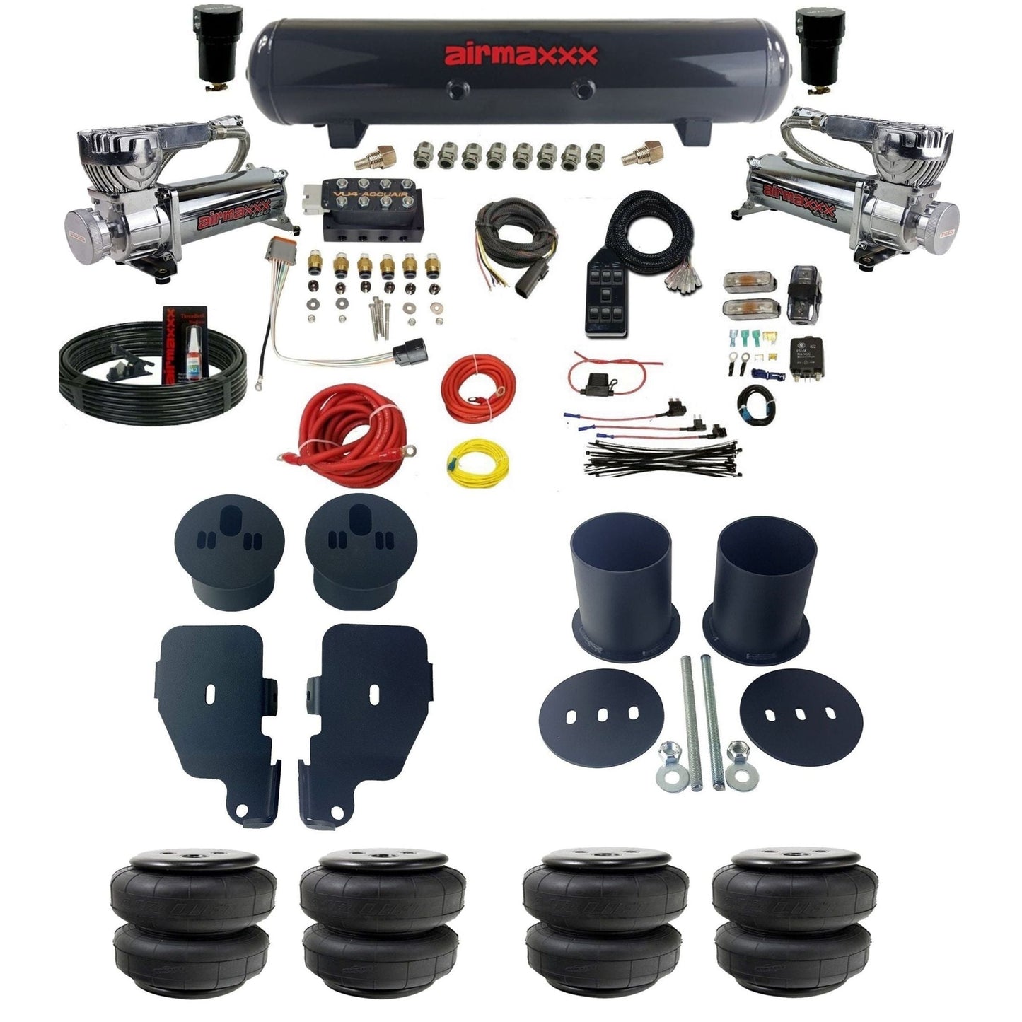 accuair vu4 with chrome 580 compressors steel tanks & airlift bags air ride kit for 1965-1970 chevy impala KIMP65-580C2-57S-VU4-7BK-WK-HFD25