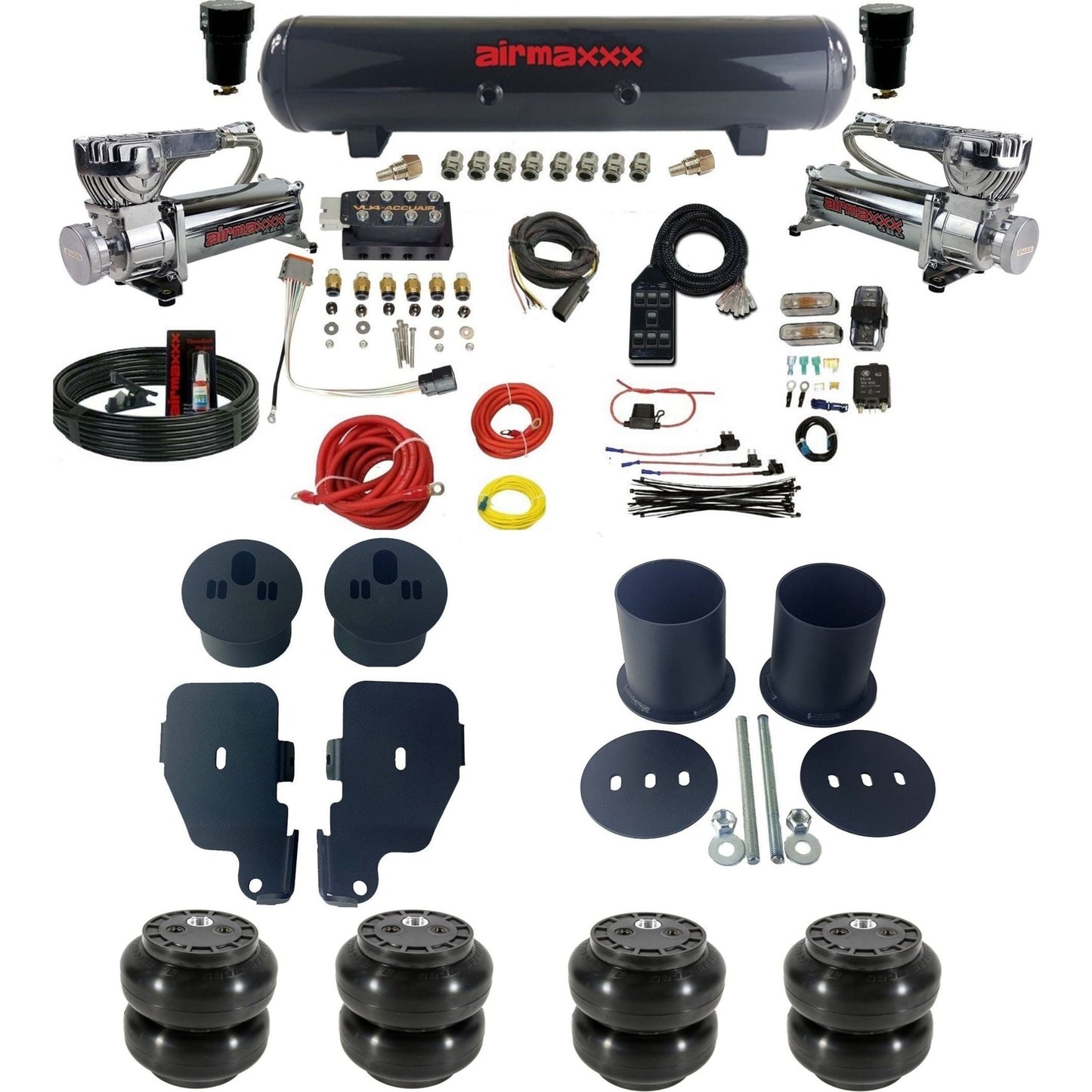 accuair vu4 with chrome 580 compressors steel tanks & slam bags air ride kit for 1965-1970 chevy impala KIMP65-580C2-57S-VU4-7BK-WK-HFSS6