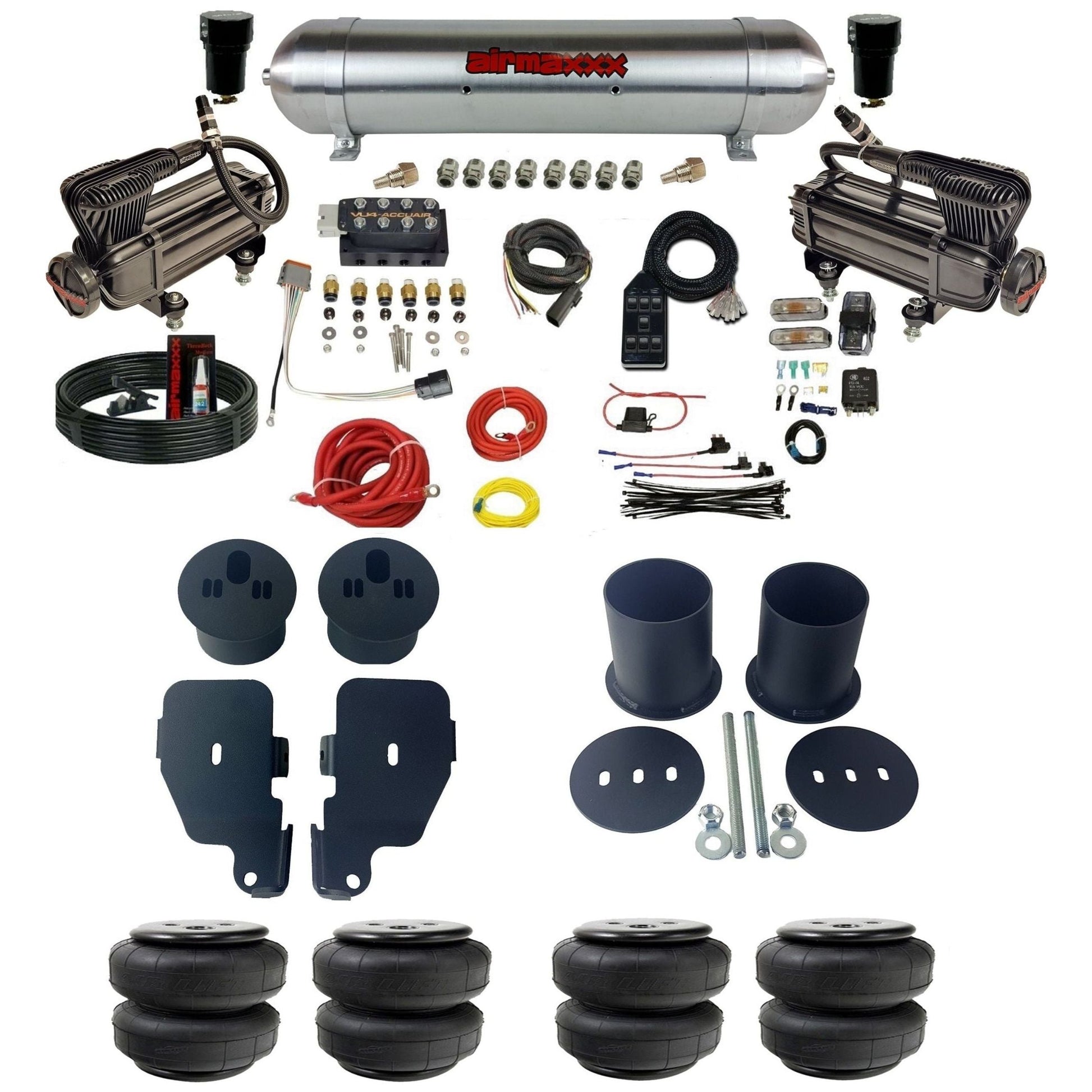 accuair vu4 with x-series compressors raw aluminum tanks & airlift bags air ride kit for 1965-1970 chevy impala KIMP65-XB2-57ARW-VU4-7BK-WK-HFD25
