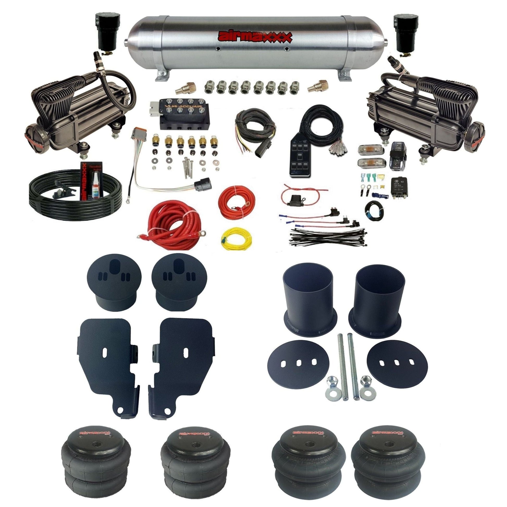 accuair vu4 with x-series compressors raw aluminum tanks & bags air ride kit for 1965-1970 chevy impala KIMP65-XB2-57ARW-VU4-7BK-WK-HF