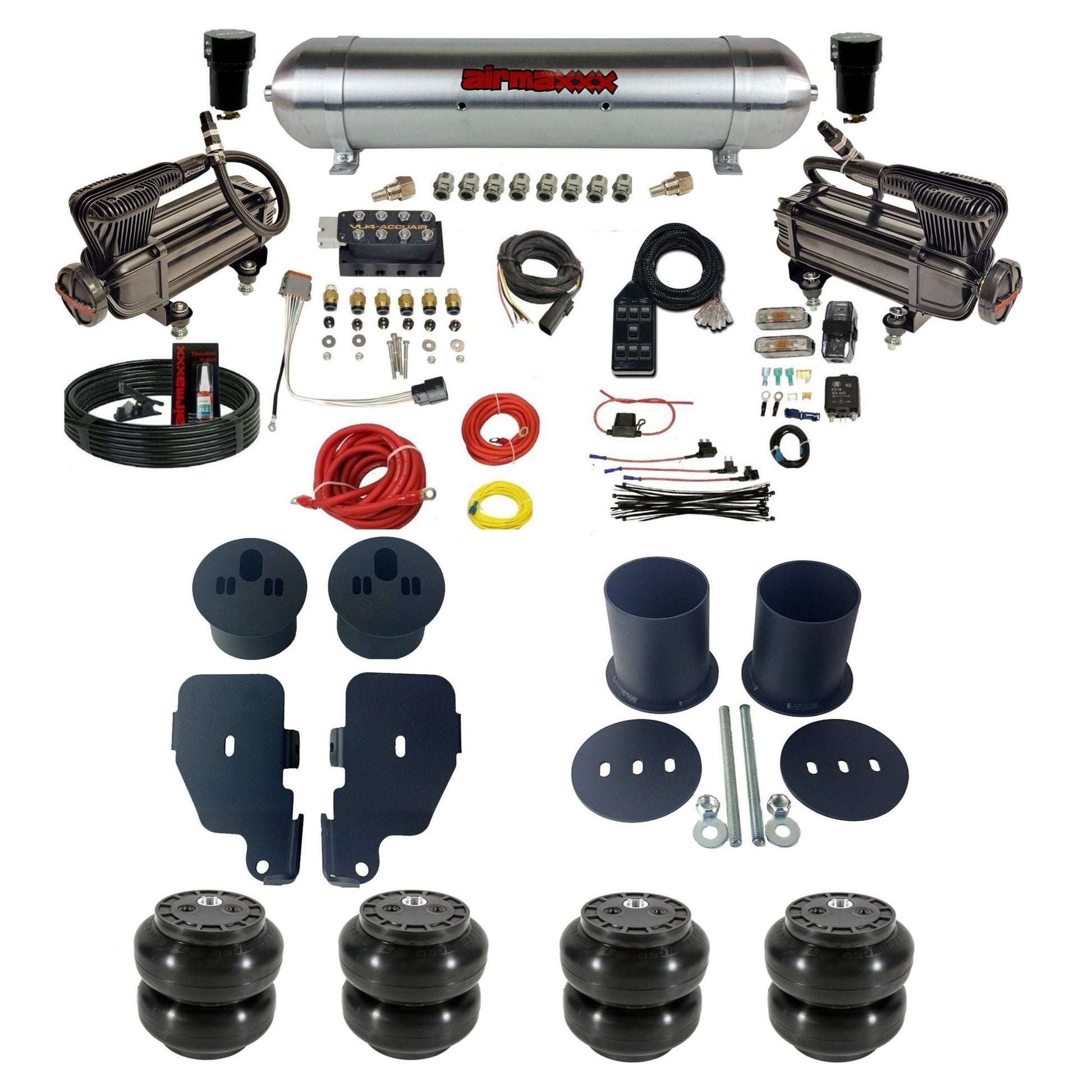 accuair vu4 with x-series compressors raw aluminum tanks & slam bags air ride kit for 1965-1970 chevy impala KIMP65-XB2-57ARW-VU4-7BK-WK-HFSS6