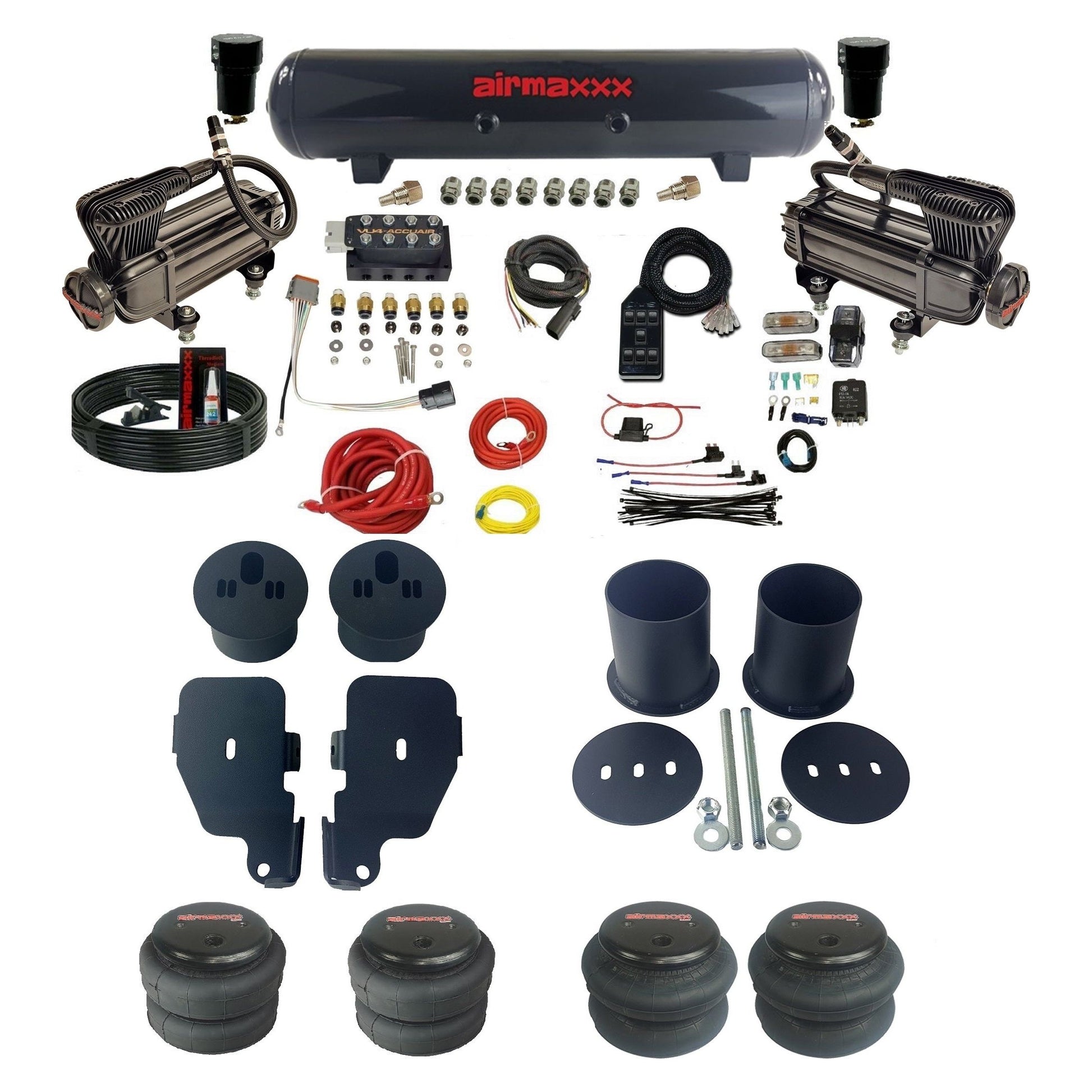accuair vu4 with x-series compressors steel tanks & bags air ride kit for 1965-1970 chevy impala KIMP65-XB2-57S-VU4-7BK-WK-HF