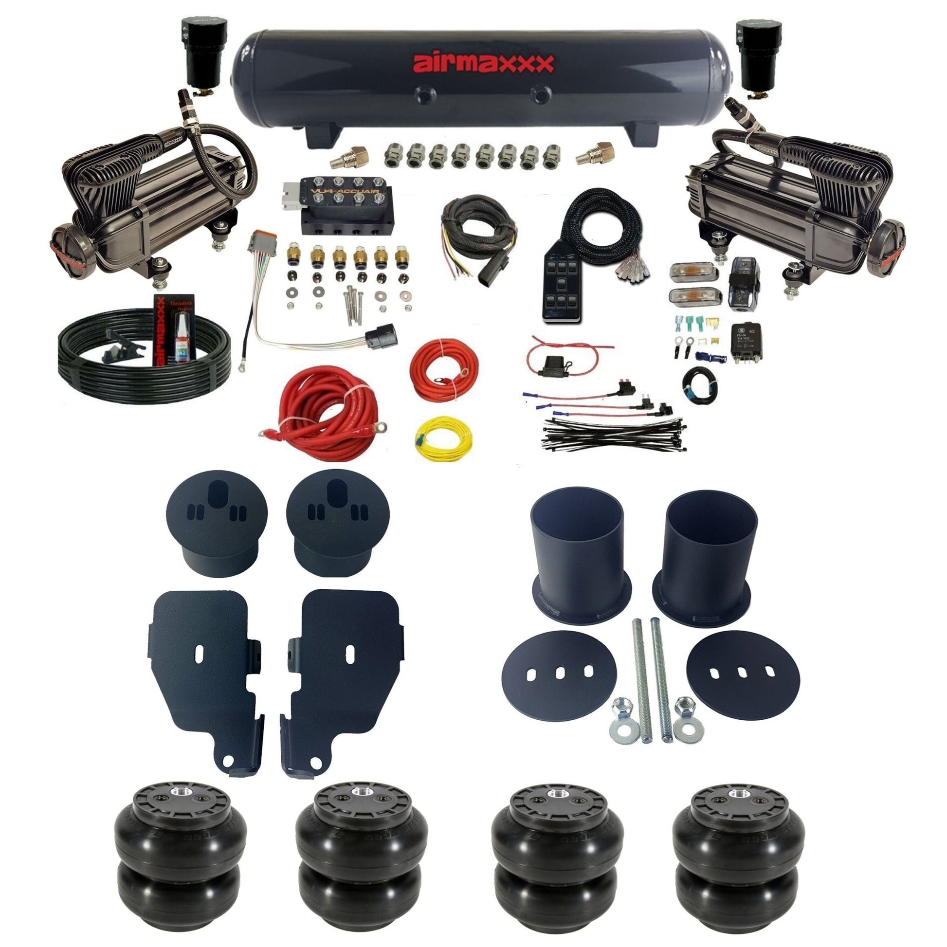accuair vu4 with x-series compressors steel tanks & slam bags air ride kit for 1965-1970 chevy impala KIMP65-XB2-57S-VU4-7BK-WK-HFSS6