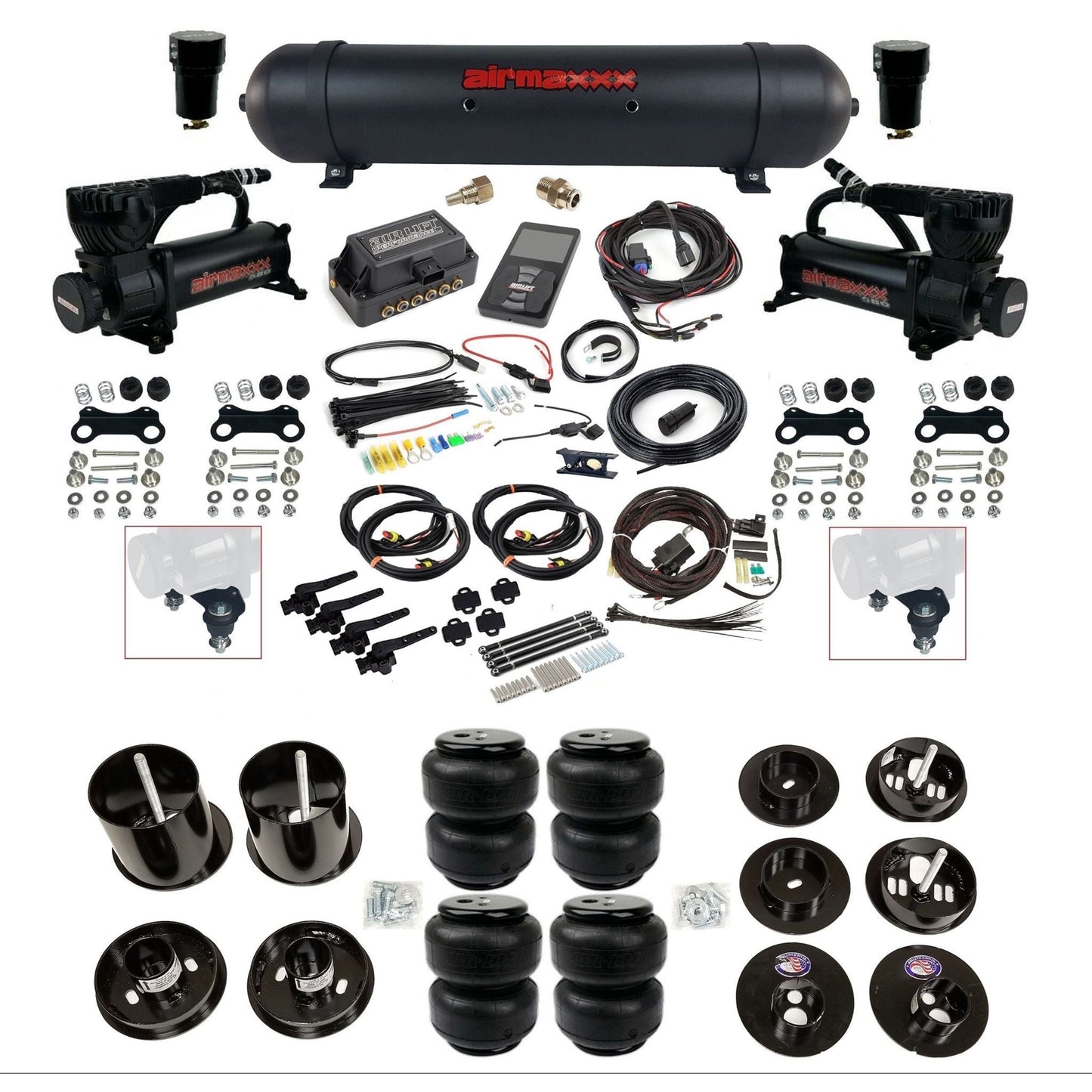 air lift 3h 27695 air ride kit dual 580 black compressors aluminum tank airlift bags & airmaxxx brackets fits 1965-70 cadillac KCAD65-580B2-57ABK-27695-WK-3P2D25