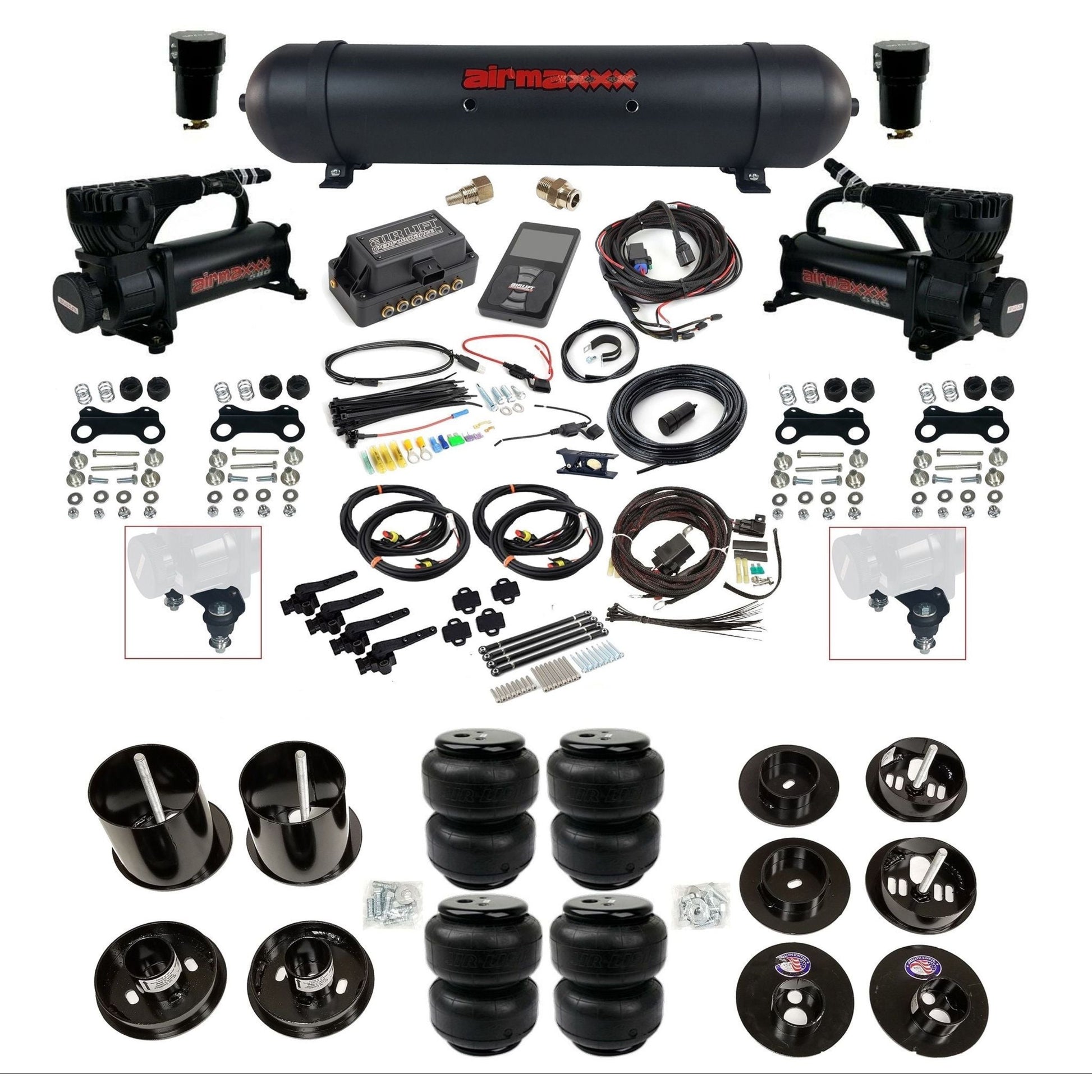 air lift 3h 27695 air ride kit dual 580 black compressors aluminum tank airlift bags & airmaxxx brackets fits 1965-70 cadillac KCAD65-580B2-57ABK-27695-WK-3P2D25