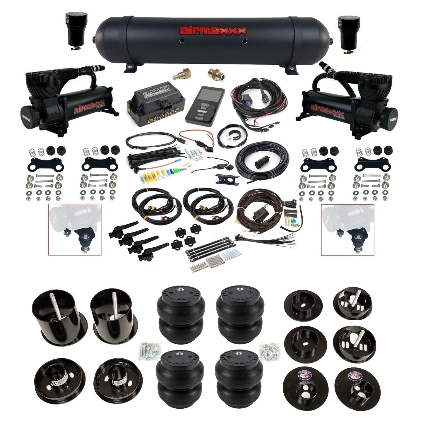 air lift 3h 27695 air ride kit dual 580 black compressors aluminum tank slam bags & airmaxxx brackets fits 1965-70 cadillac KCAD65-580B2-57ABK-27695-WK-3P2SS7