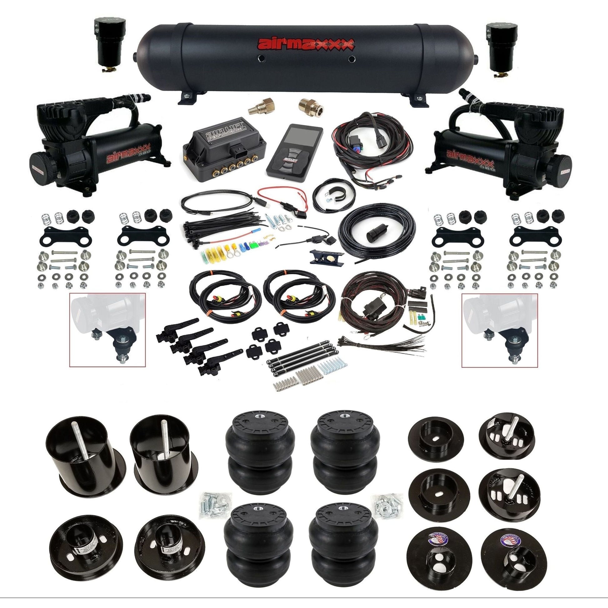 air lift 3h 27695 air ride kit dual 580 black compressors aluminum tank slam bags & airmaxxx brackets fits 1965-70 cadillac KCAD65-580B2-57ABK-27695-WK-3P2SS7