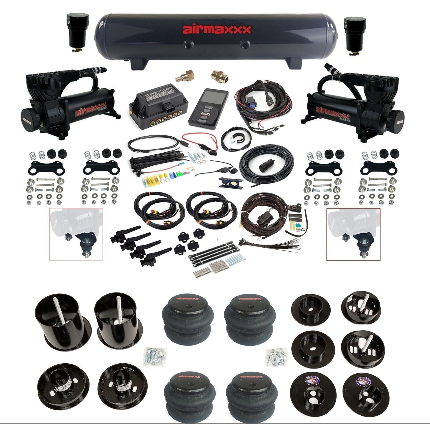 air lift 3h 27695 air ride kit dual 580 black compressors steel tank 2600 bags & airmaxxx brackets fits 1965-70 cadillac KCAD65-580B2-57S-27695-WK-3P2