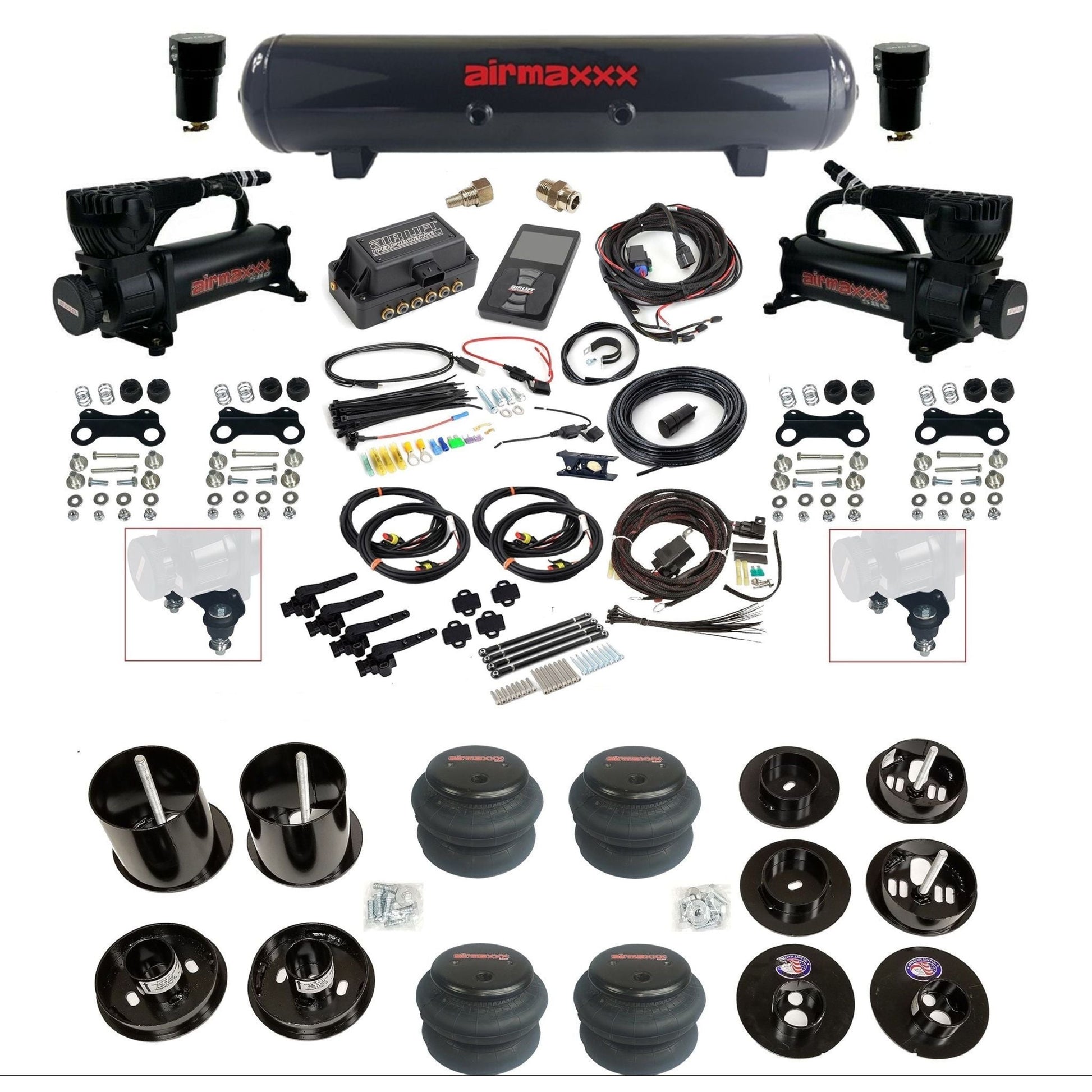 air lift 3h 27695 air ride kit dual 580 black compressors steel tank 2600 bags & airmaxxx brackets fits 1965-70 cadillac KCAD65-580B2-57S-27695-WK-3P2