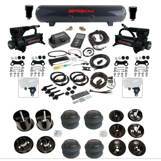 air lift 3h 27695 air ride kit dual 580 black compressors steel tank 2600 bags & airmaxxx brackets fits 1965-70 cadillac KCAD65-580B2-57S-27695-WK-3P2