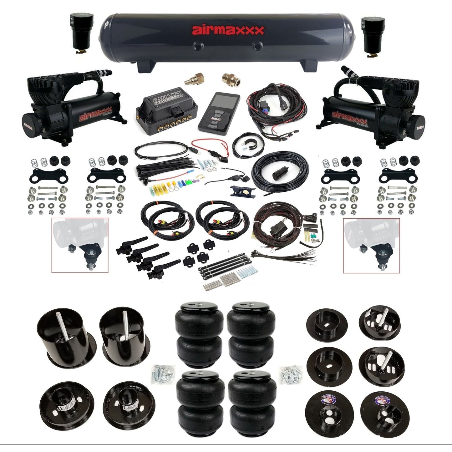 air lift 3h 27695 air ride kit dual 580 black compressors steel tank airlift bags & airmaxxx brackets fits 1965-70 cadillac KCAD65-580B2-57S-27695-WK-3P2D25