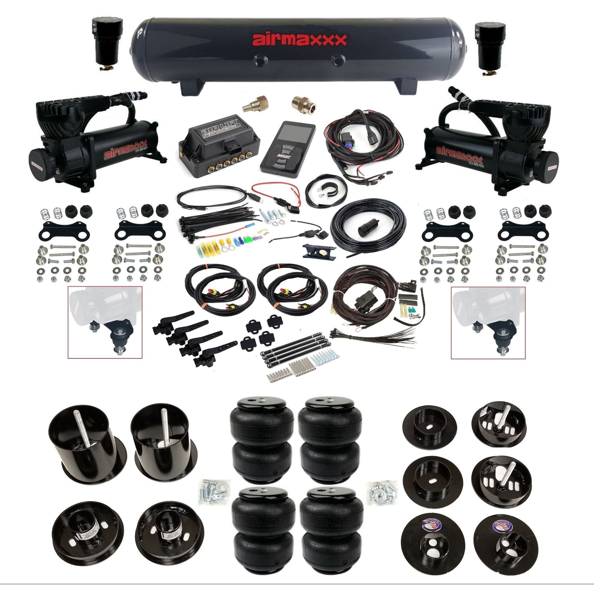 air lift 3h 27695 air ride kit dual 580 black compressors steel tank airlift bags & airmaxxx brackets fits 1965-70 cadillac KCAD65-580B2-57S-27695-WK-3P2D25