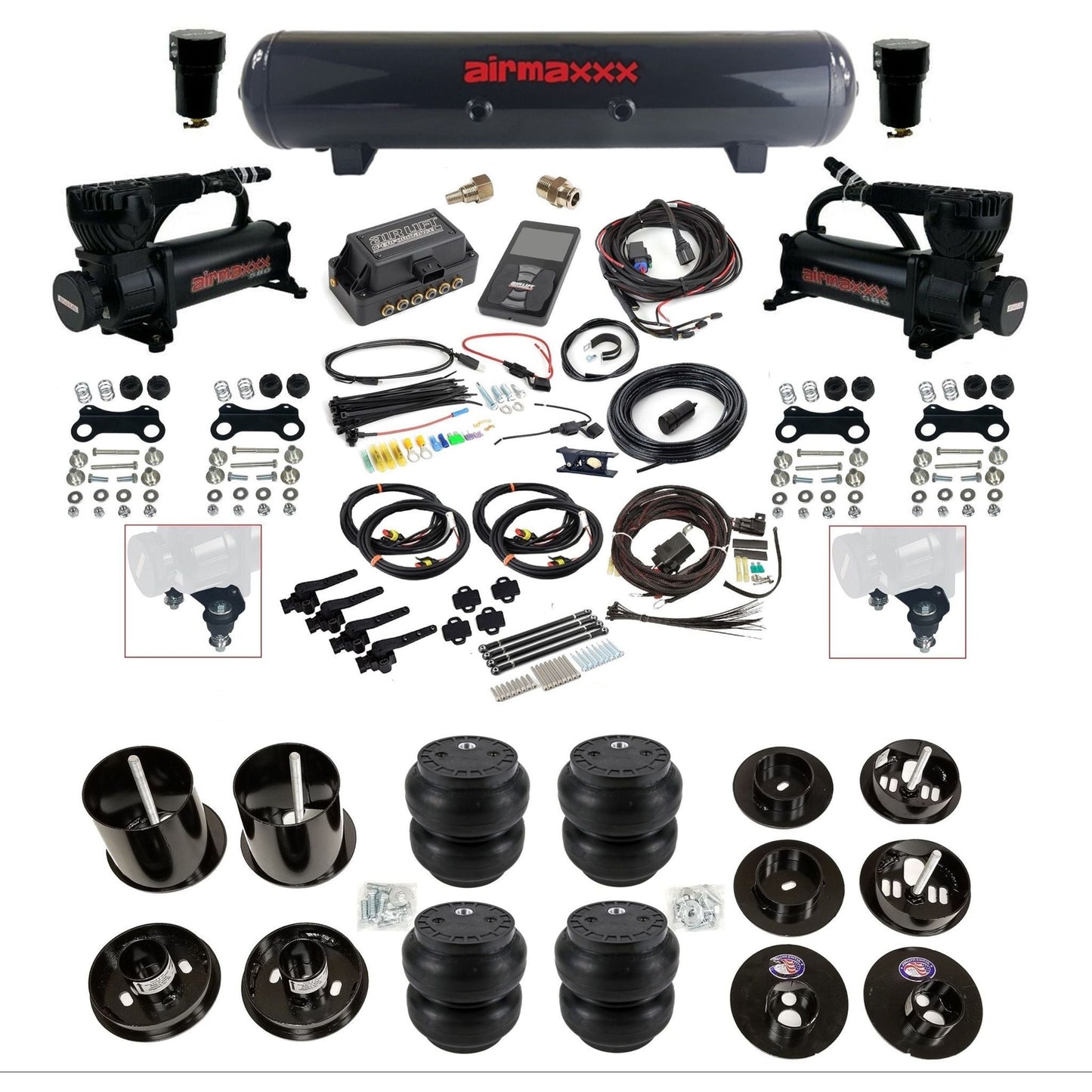 air lift 3h 27695 air ride kit dual 580 black compressors steel tank slam bags & airmaxxx brackets fits 1965-70 cadillac KCAD65-580B2-57S-27695-WK-3P2SS7