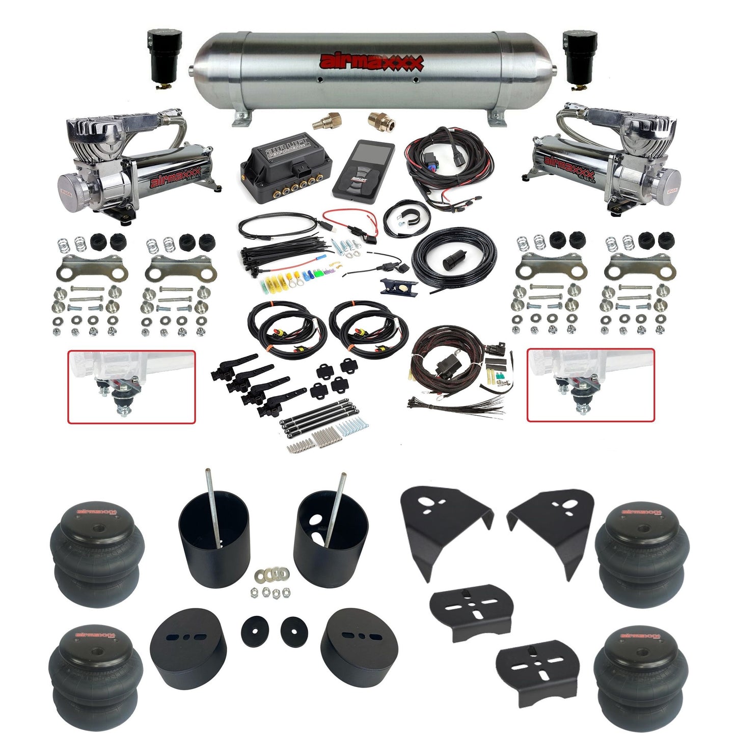 air lift 3h 27695 air ride kit dual 580 chrome compressors raw aluminum tank 2600 bags & airmaxxx brackets fits 1988-98 chevy/GMC c15 2wd KGM88-580C2-57ARAW-27695-WK-3P2