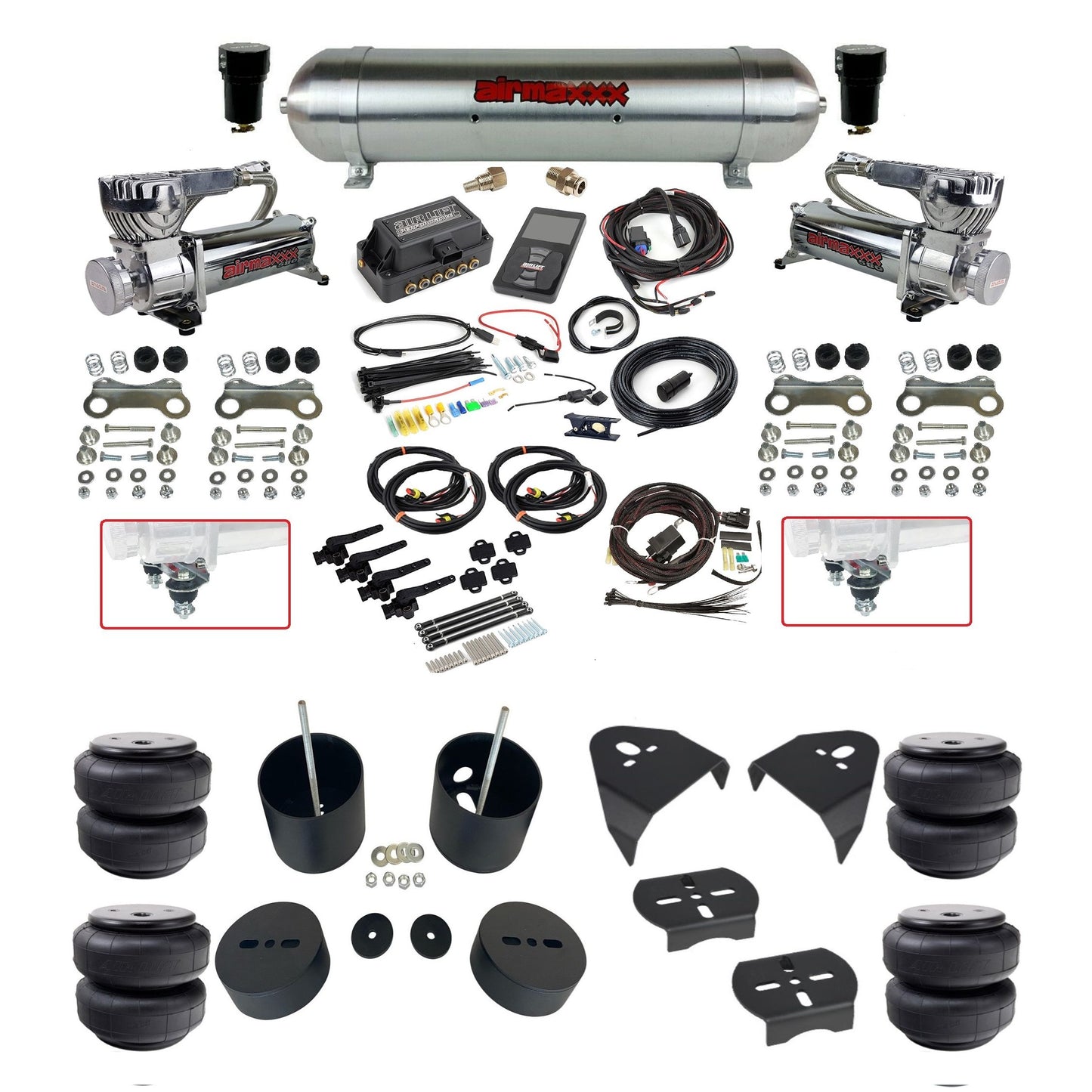 air lift 3h 27695 air ride kit dual 580 chrome compressors raw aluminum tank airlift bags & airmaxxx brackets fits 1988-98 chevy/GMC c15 2wd KGM88-580C2-57ARAW-27695-WK-3P2D26