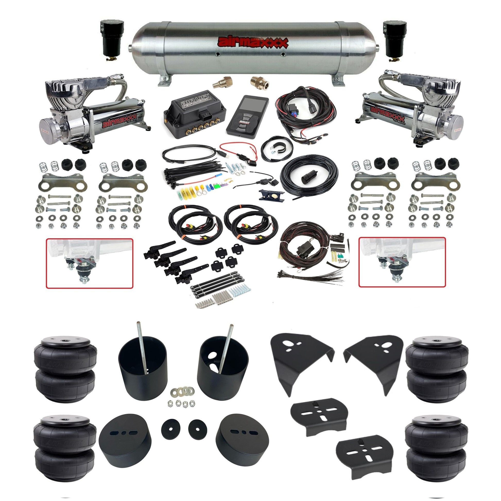 air lift 3h 27695 air ride kit dual 580 chrome compressors raw aluminum tank airlift bags & airmaxxx brackets fits 1988-98 chevy/GMC c15 2wd KGM88-580C2-57ARAW-27695-WK-3P2D26