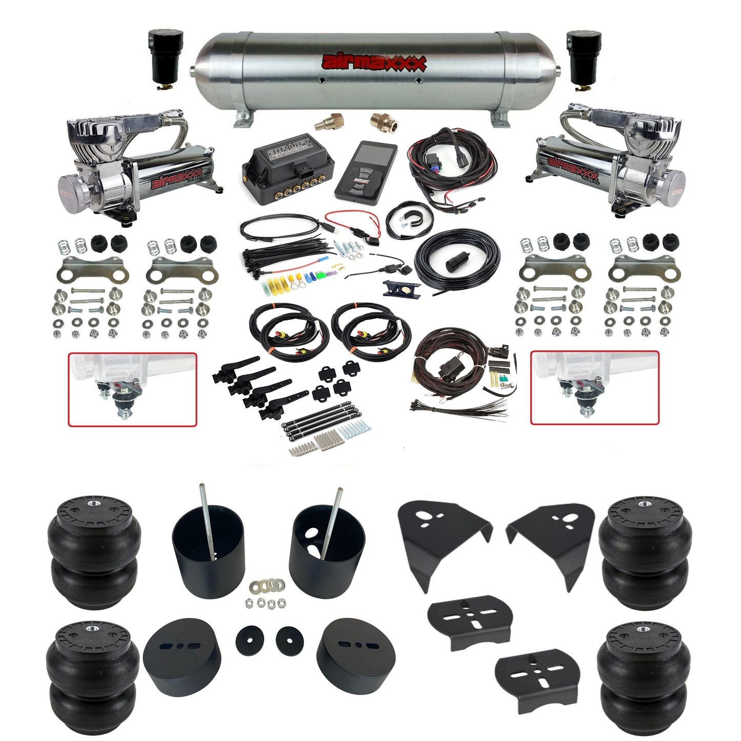 air lift 3h 27695 air ride kit dual 580 chrome compressors raw aluminum tank slam bags & airmaxxx brackets fits 1988-98 chevy/GMC c15 2wd KGM88-580C2-57ARAW-27695-WK-3P2SS7