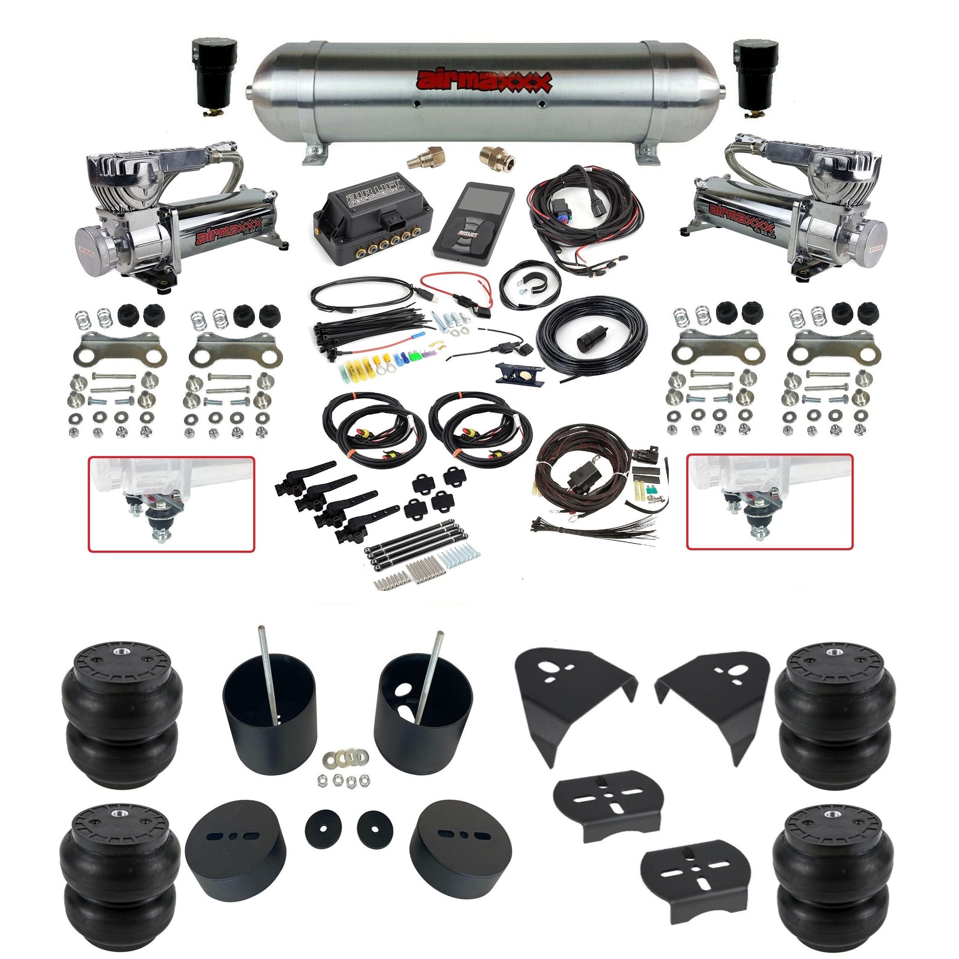 air lift 3h 27695 air ride kit dual 580 chrome compressors raw aluminum tank slam bags & airmaxxx brackets fits 1988-98 chevy/GMC c15 2wd KGM88-580C2-57ARAW-27695-WK-3P2SS7