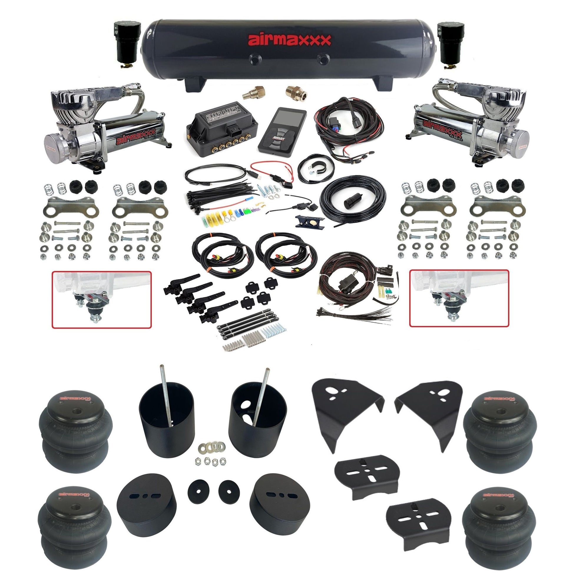 air lift 3h 27695 air ride kit dual 580 chrome compressors steel tank 2600 bags & airmaxxx brackets fits 1988-98 chevy/GMC c15 2wd KGM88-580C2-57S-27695-WK-3P2