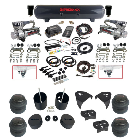 air lift 3h 27695 air ride kit dual 580 chrome compressors steel tank 2600 bags & airmaxxx brackets fits 1988-98 chevy/GMC c15 2wd KGM88-580C2-57S-27695-WK-3P2