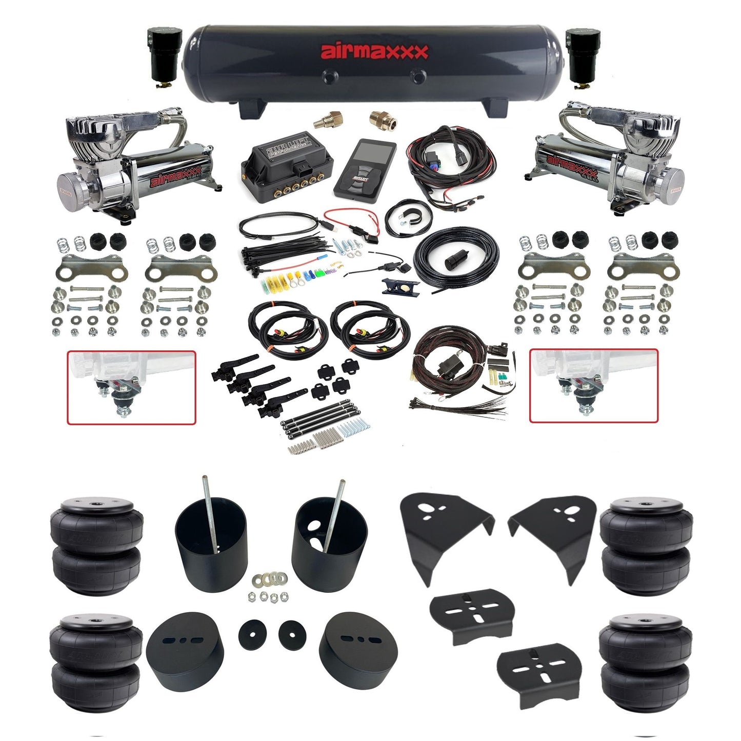 air lift 3h 27695 air ride kit dual 580 chrome compressors steel tank airlift bags & airmaxxx brackets fits 1988-98 chevy/GMC c15 2wd KGM88-580C2-57S-27695-WK-3P2D26