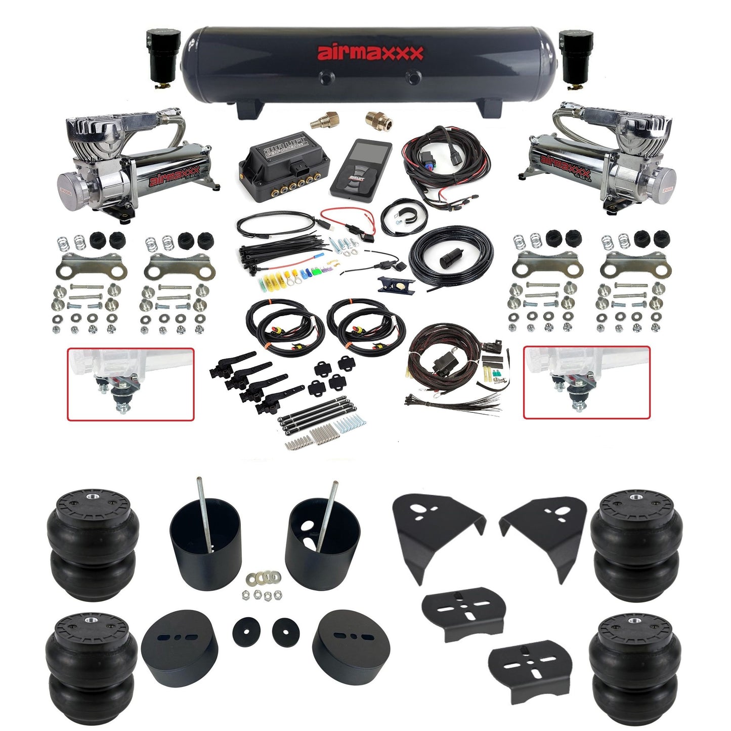 air lift 3h 27695 air ride kit dual 580 chrome compressors steel tank slam bags & airmaxxx brackets fits 1988-98 chevy/GMC c15 2wd KGM88-580C2-57S-27695-WK-3P2SS7