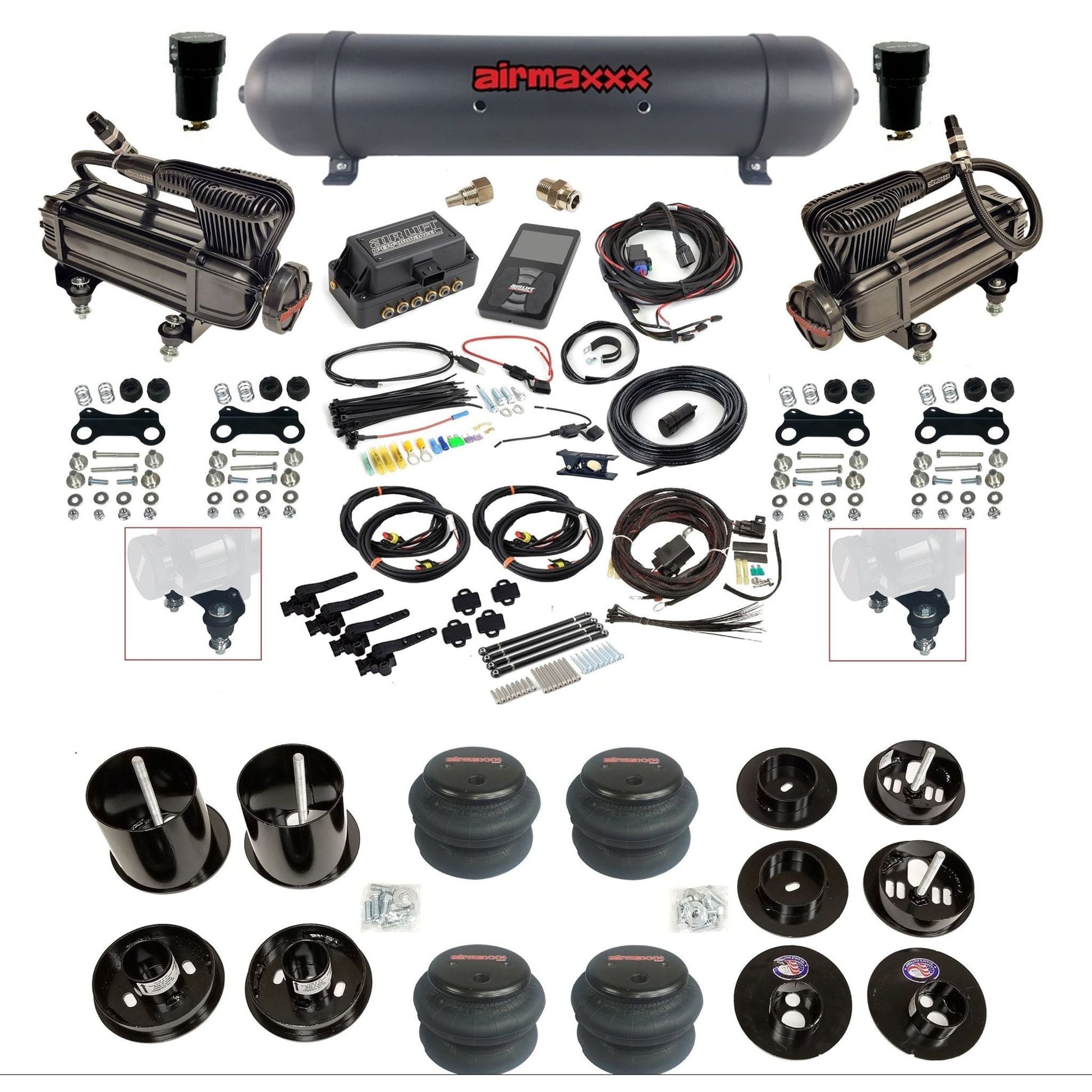 air lift 3h 27695 air ride kit dual X-series compressors aluminum tank 2600 bags & airmaxxx brackets fits 1965-70 cadillac KCAD65-XB2-57ABK-27695-WK-3P2