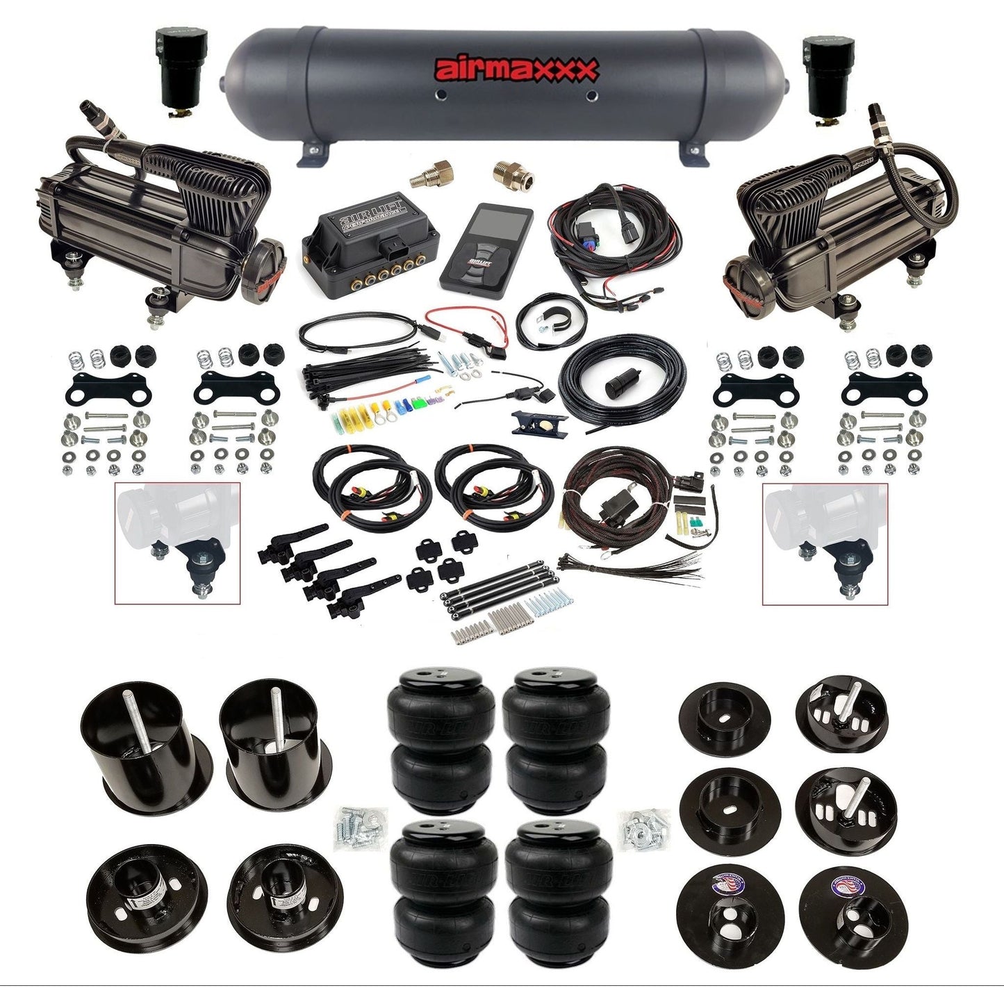 air lift 3h 27695 air ride kit dual X-series compressors aluminum tank airlift bags & airmaxxx brackets fits 1965-70 cadillac KCAD65-XB2-57ABK-27695-WK-3P2D25