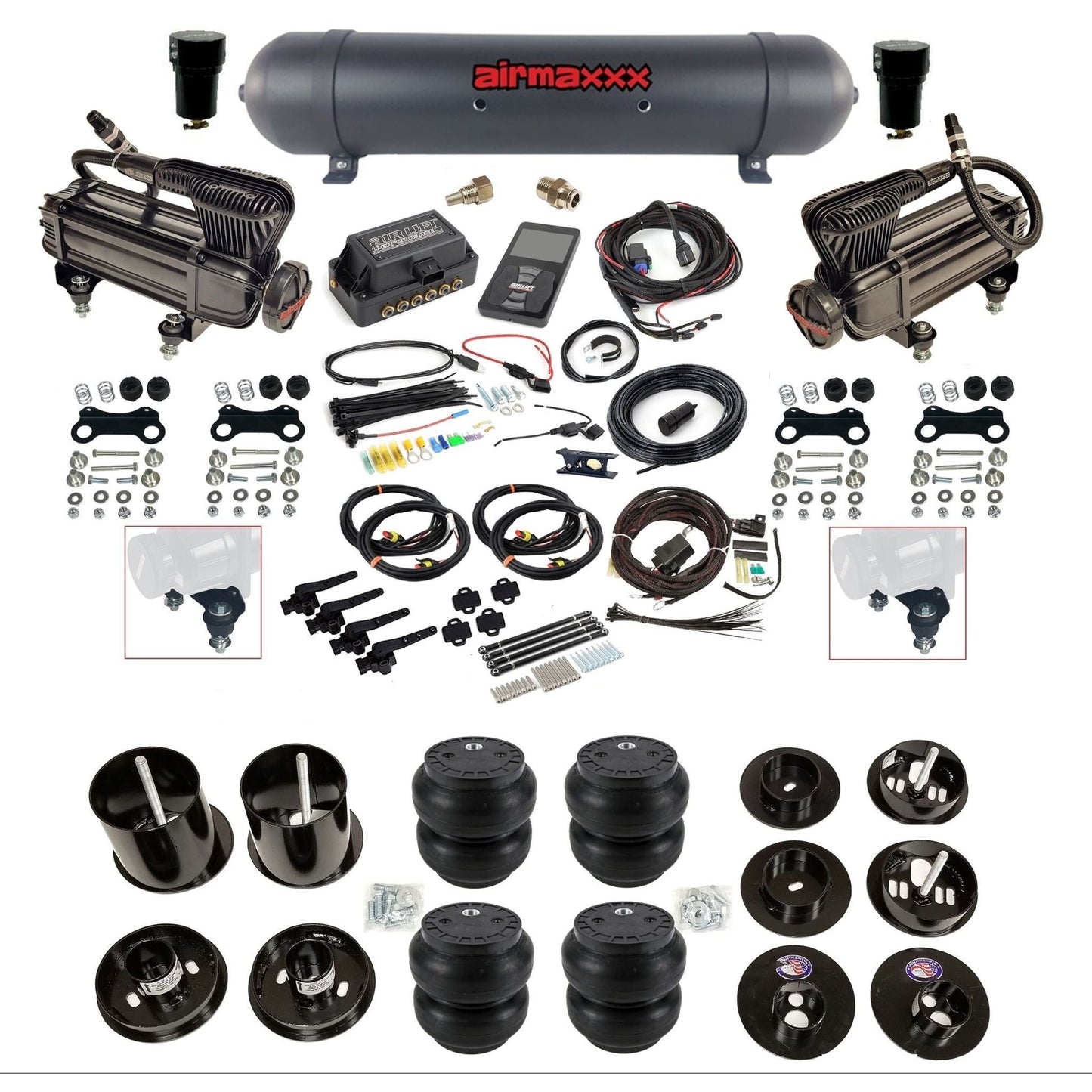 air lift 3h 27695 air ride kit dual X-series compressors aluminum tank slam bags & airmaxxx brackets fits 1965-70 cadillac KCAD65-XB2-57ABK-27695-WK-3P2SS7