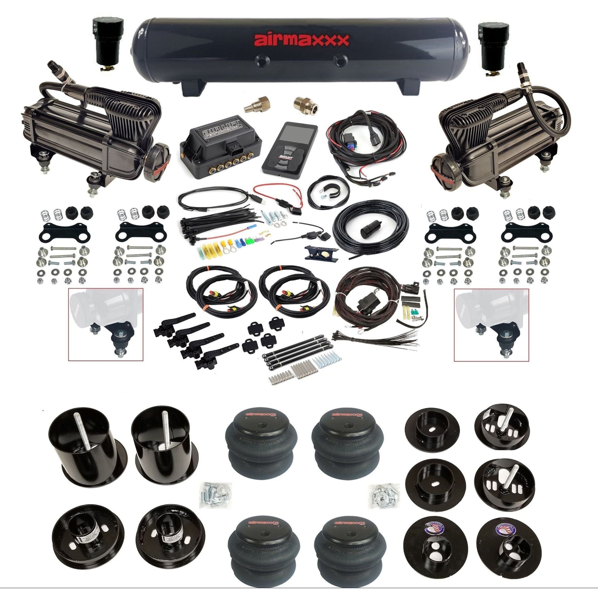 air lift 3h 27695 air ride kit dual X-series compressors steel tank 2600 bags & airmaxxx brackets fits 1965-70 cadillac KCAD65-XB2-57S-27695-WK-3P2
