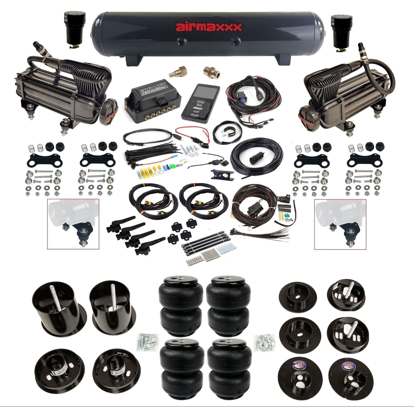 air lift 3h 27695 air ride kit dual X-series compressors steel tank airlift bags & airmaxxx brackets fits 1965-70 cadillac KCAD65-XB2-57S-27695-WK-3P2D25