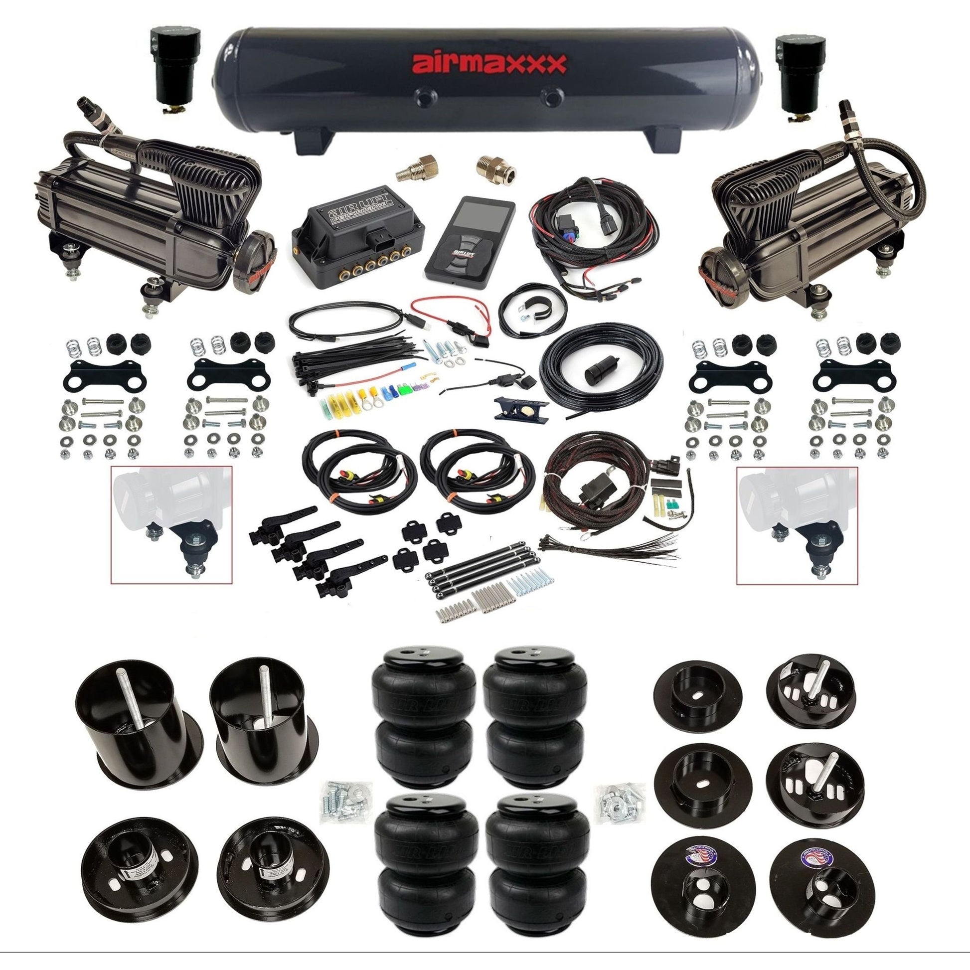 air lift 3h 27695 air ride kit dual X-series compressors steel tank airlift bags & airmaxxx brackets fits 1965-70 cadillac KCAD65-XB2-57S-27695-WK-3P2D25