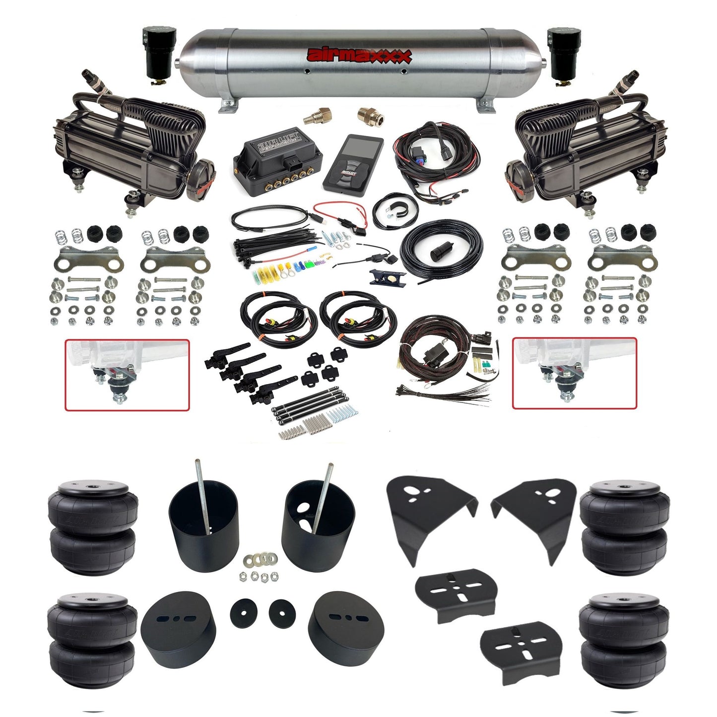 air lift 3h 27695 air ride kit dual x-series compressors raw aluminum tank airlift bags & airmaxxx brackets fits 1988-98 chevy/GMC c15 2wd KGM88-XB2-57ARW-27695-WK-3P2D26