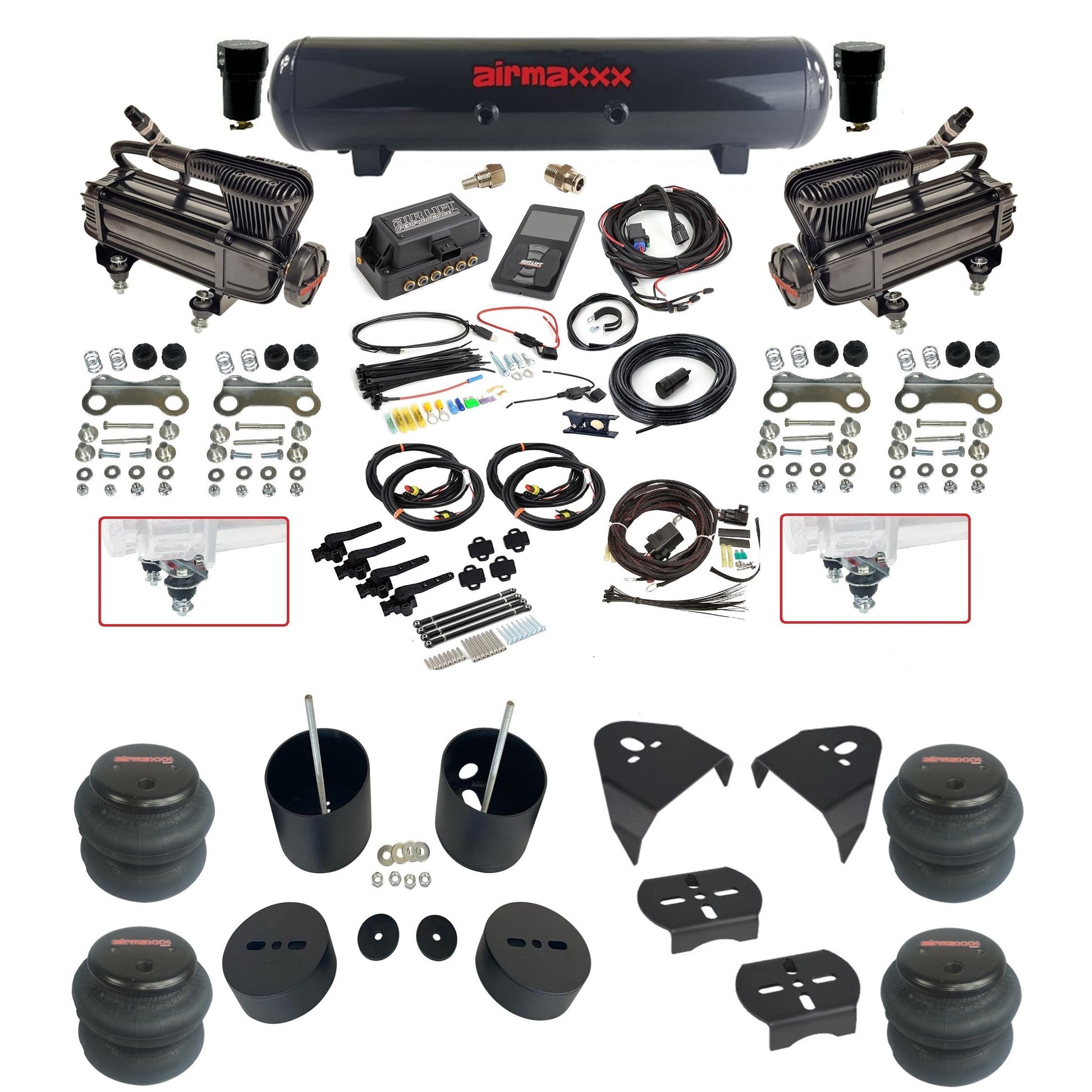 air lift 3h 27695 air ride kit dual x-series compressors steel tank 2600 bags & airmaxxx brackets fits 1988-98 chevy/GMC c15 2wd KGM88-XB2-57S-27695-WK-3P2