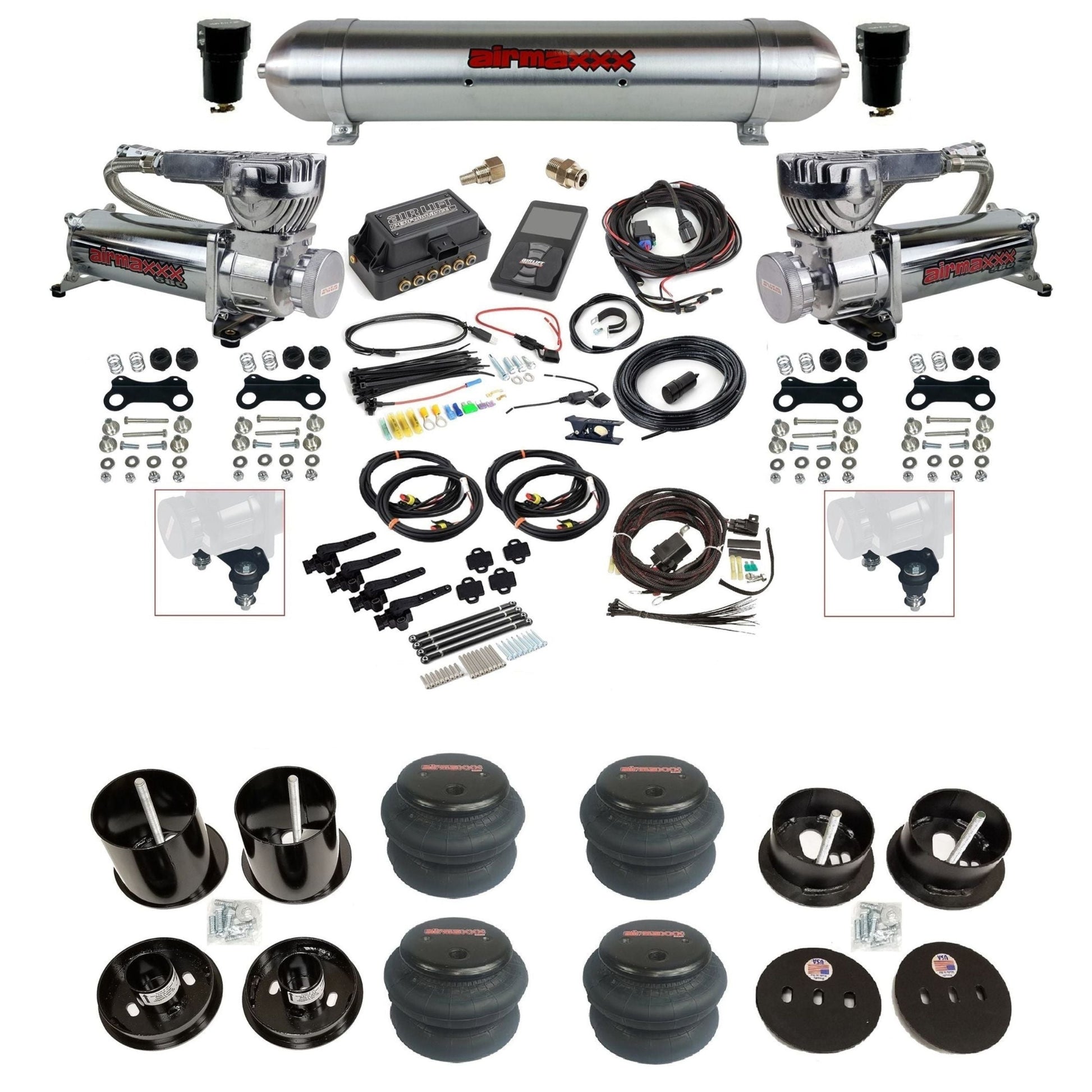 air lift 3h 27695 air ride kit w/dual 580 chrome compressors raw aluminum tanks & 2600 bags w/airmaxxx brackets for 1963-64 cadillac KCAD63-580C2-57ARW-27695-WK-3P2