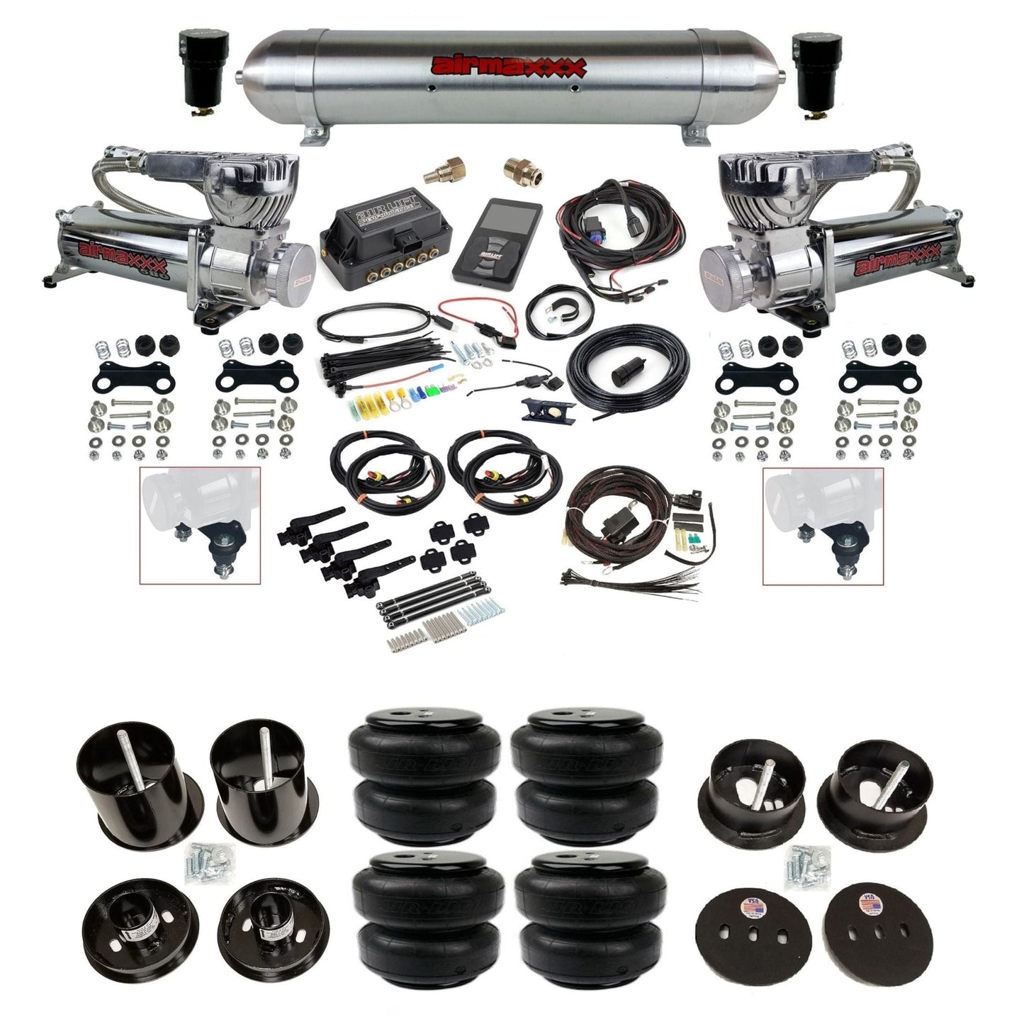 air lift 3h 27695 air ride kit w/dual 580 chrome compressors raw aluminum tanks & airlift bags w/airmaxxx brackets for 1963-64 cadillac KCAD63-580C2-57ARW-27695-WK-3P2D25