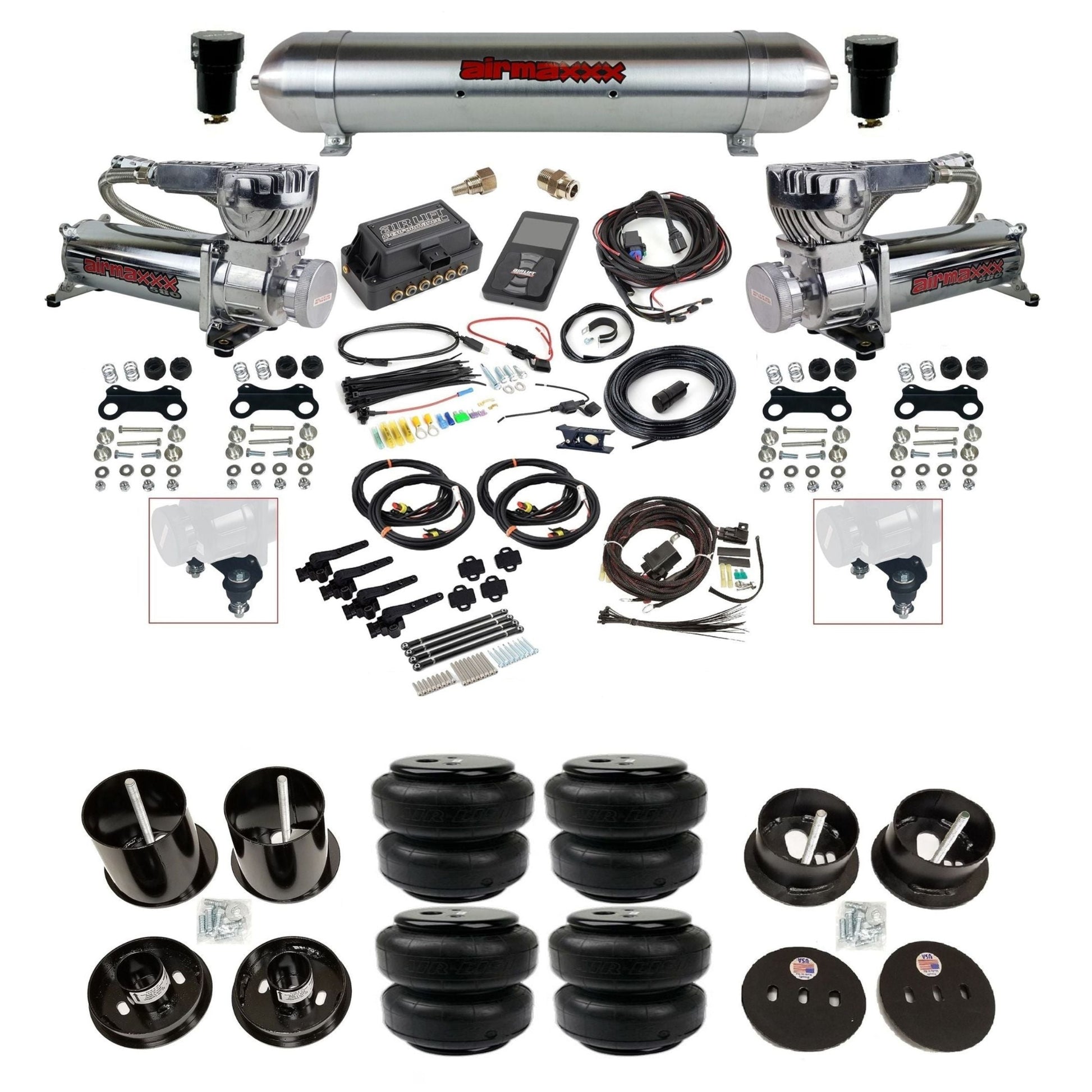 air lift 3h 27695 air ride kit w/dual 580 chrome compressors raw aluminum tanks & airlift bags w/airmaxxx brackets for 1963-64 cadillac KCAD63-580C2-57ARW-27695-WK-3P2D25