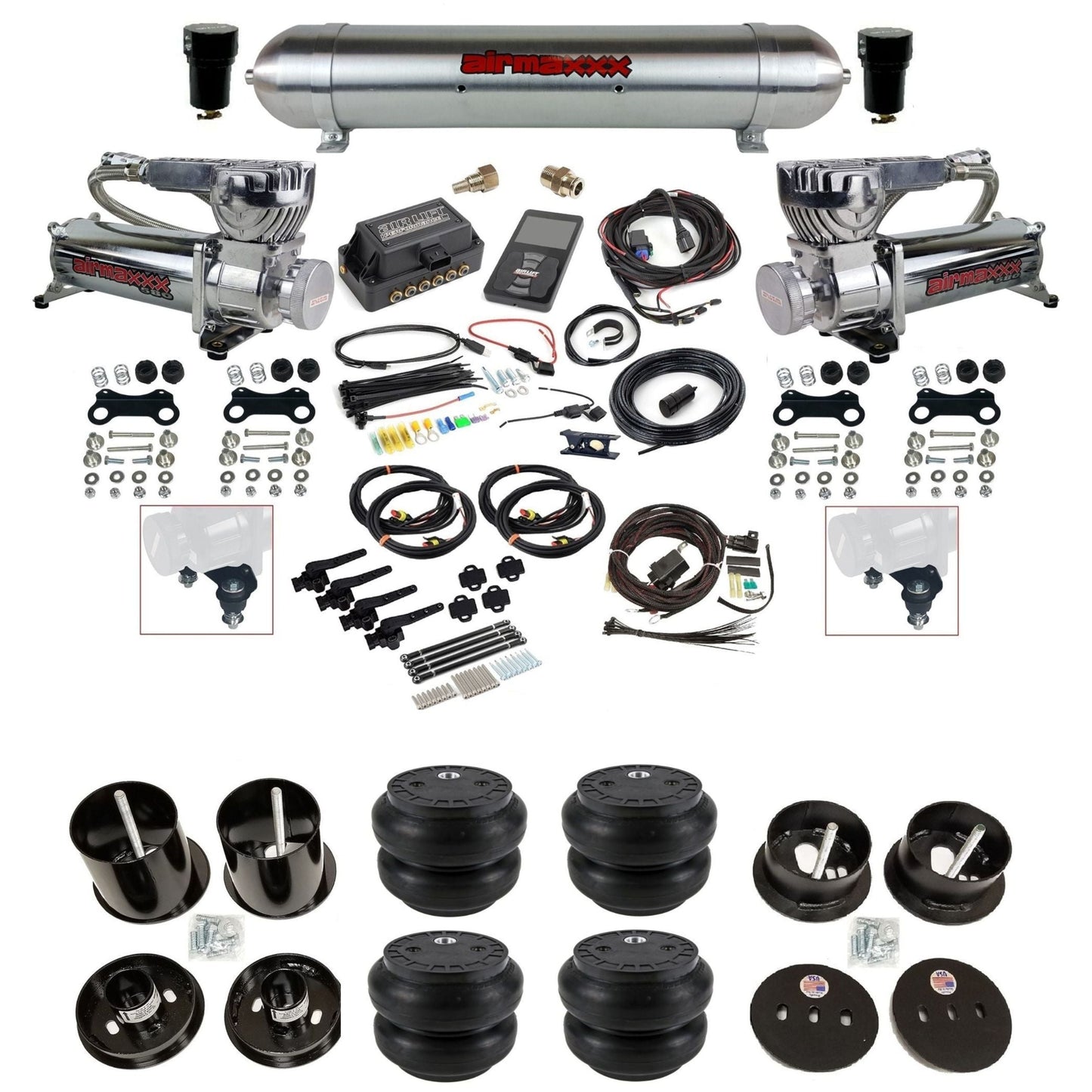 air lift 3h 27695 air ride kit w/dual 580 chrome compressors raw aluminum tanks & slam bags w/airmaxxx brackets for 1963-64 cadillac KCAD63-580C2-57ARW-27695-WK-3P2SS7