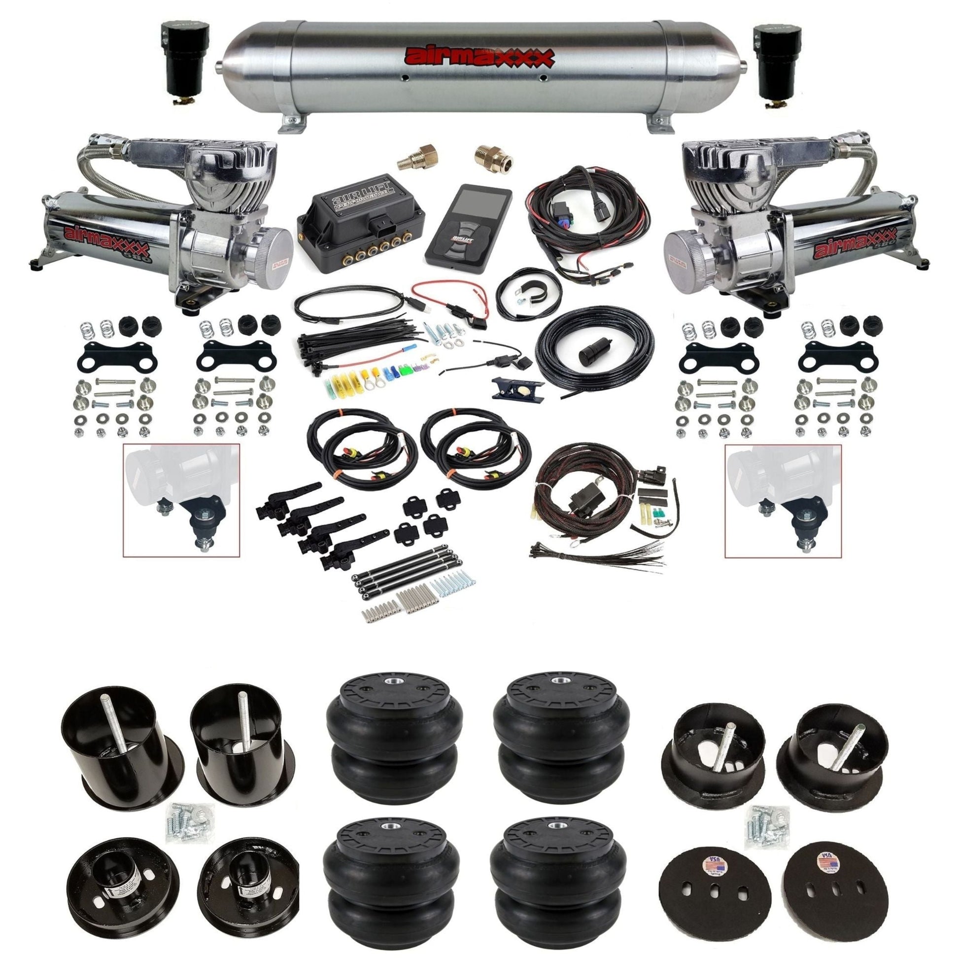 air lift 3h 27695 air ride kit w/dual 580 chrome compressors raw aluminum tanks & slam bags w/airmaxxx brackets for 1963-64 cadillac KCAD63-580C2-57ARW-27695-WK-3P2SS7