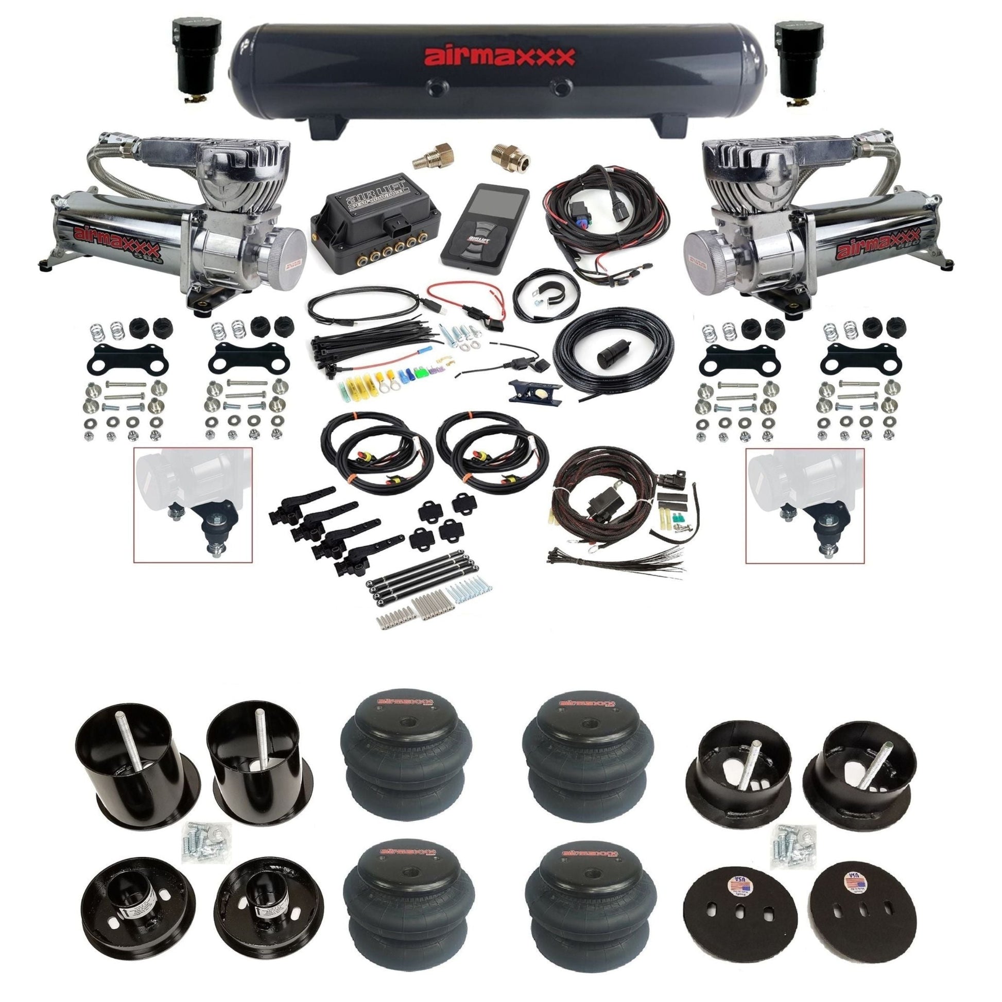 air lift 3h 27695 air ride kit w/dual 580 chrome compressors steel tanks & 2600 bags w/airmaxxx brackets for 1963-64 cadillac KCAD63-580C2-57S-27695-WK-3P2