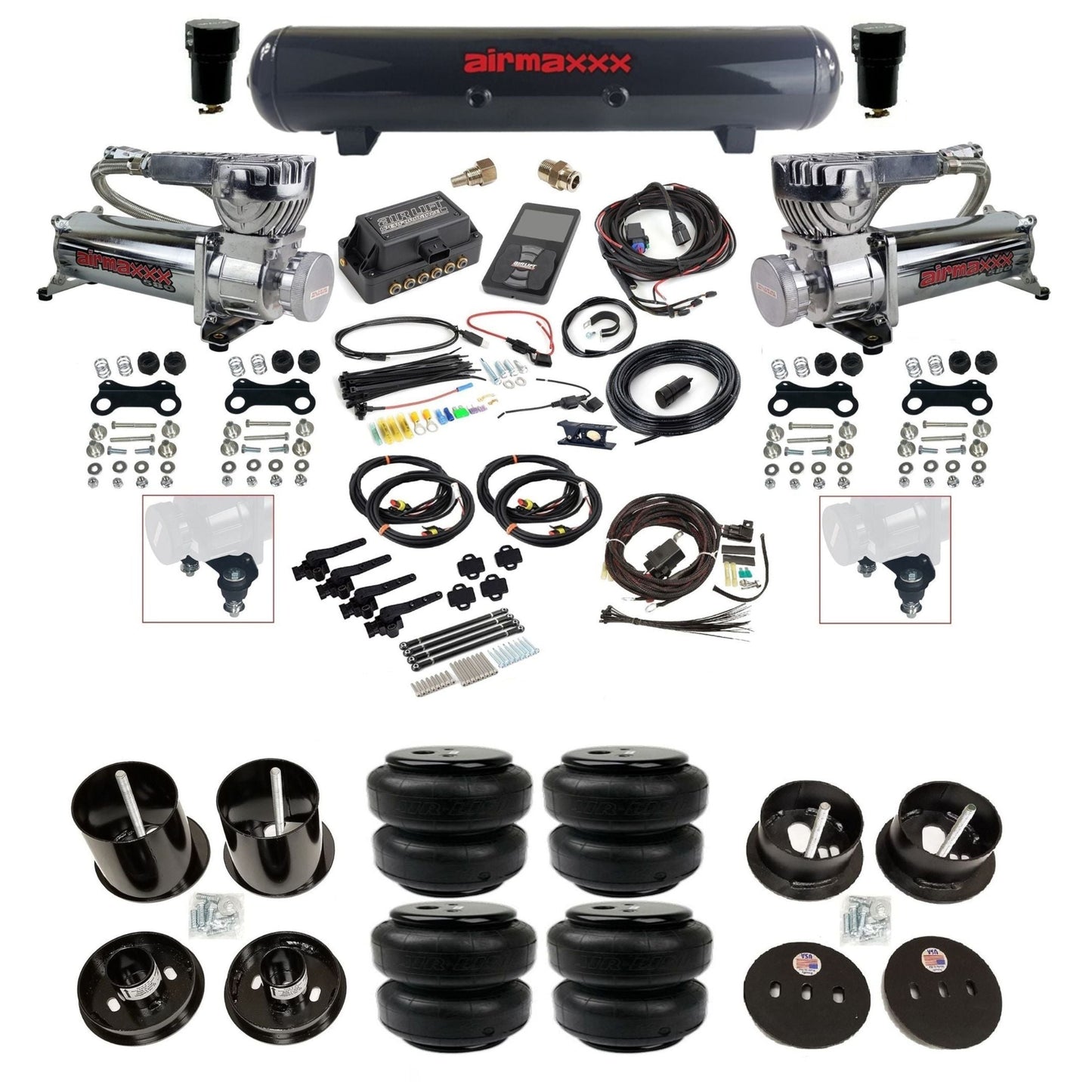 air lift 3h 27695 air ride kit w/dual 580 chrome compressors steel tanks & airlift bags w/airmaxxx brackets for 1963-64 cadillac KCAD63-580C2-57S-27695-WK-3P2D25