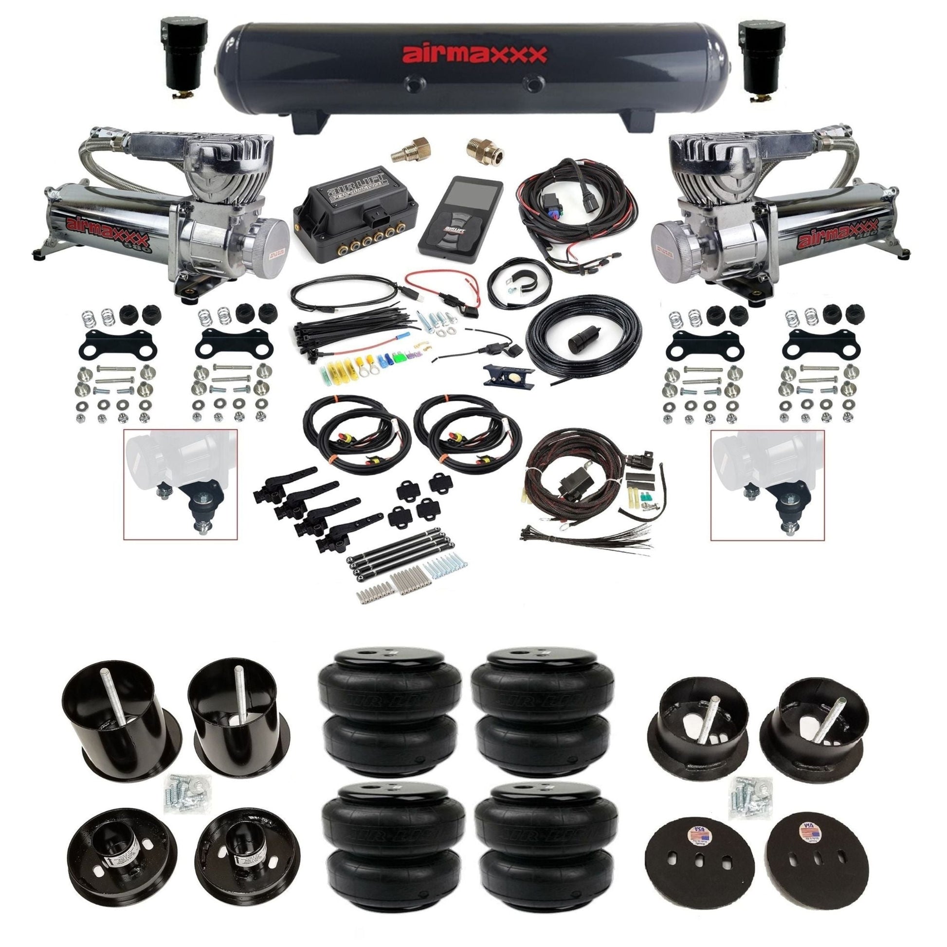 air lift 3h 27695 air ride kit w/dual 580 chrome compressors steel tanks & airlift bags w/airmaxxx brackets for 1963-64 cadillac KCAD63-580C2-57S-27695-WK-3P2D25