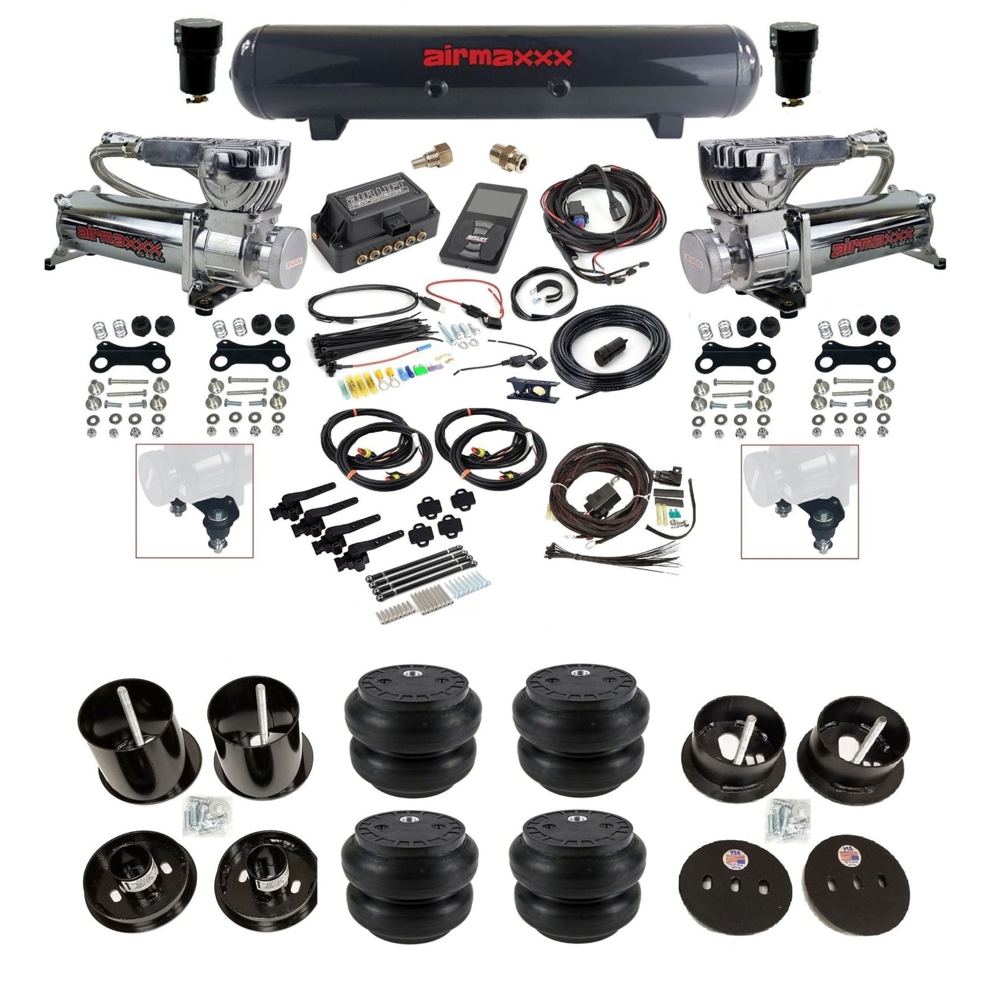 air lift 3h 27695 air ride kit w/dual 580 chrome compressors steel tanks & slam bags w/airmaxxx brackets for 1963-64 cadillac KCAD63-580C2-57S-27695-WK-3P2SS7